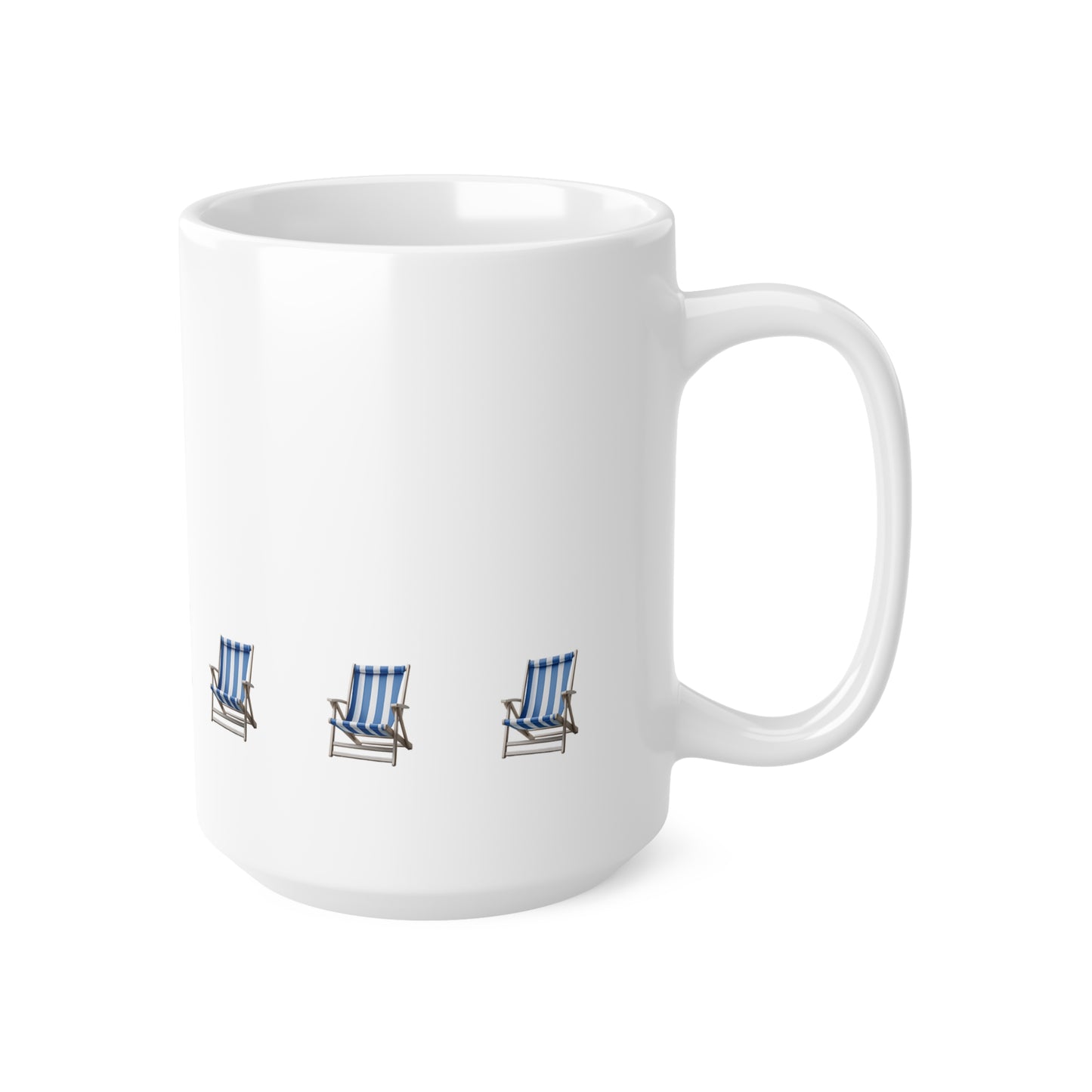 Right side view of white ceramic blue beach chair mug, 15oz size, showing handle
