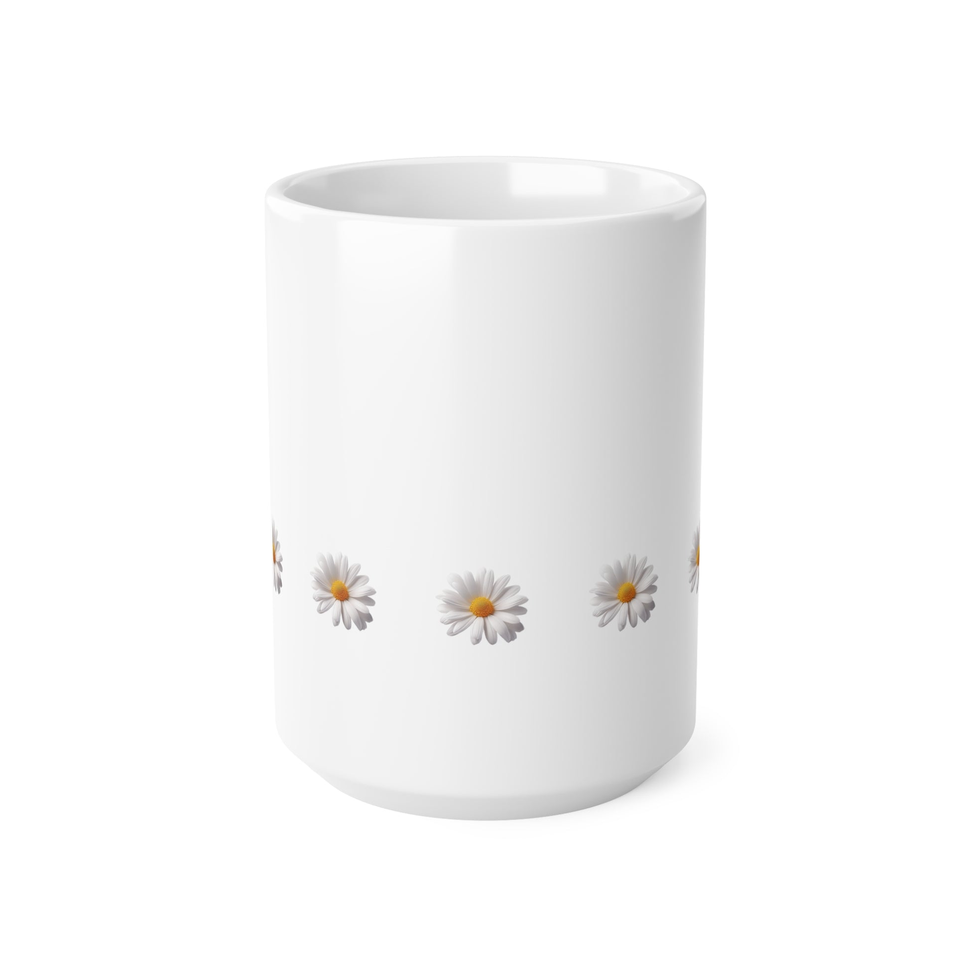 Front view of white ceramic mug with daisy design, 15oz size