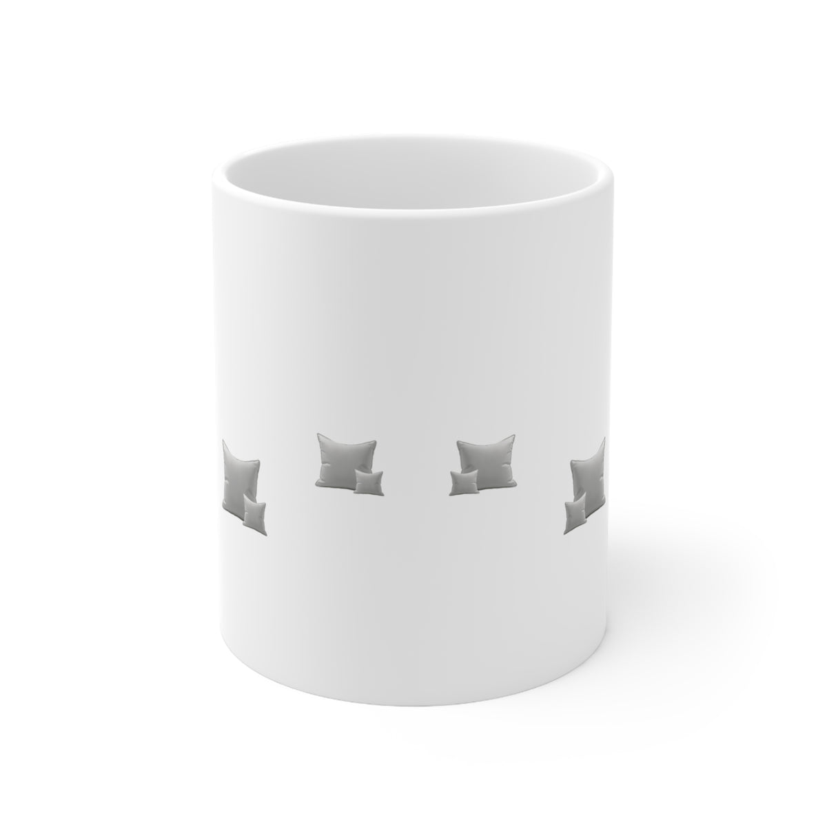 Front view of white ceramic mug with scattered pale grey cushion design, 11oz size