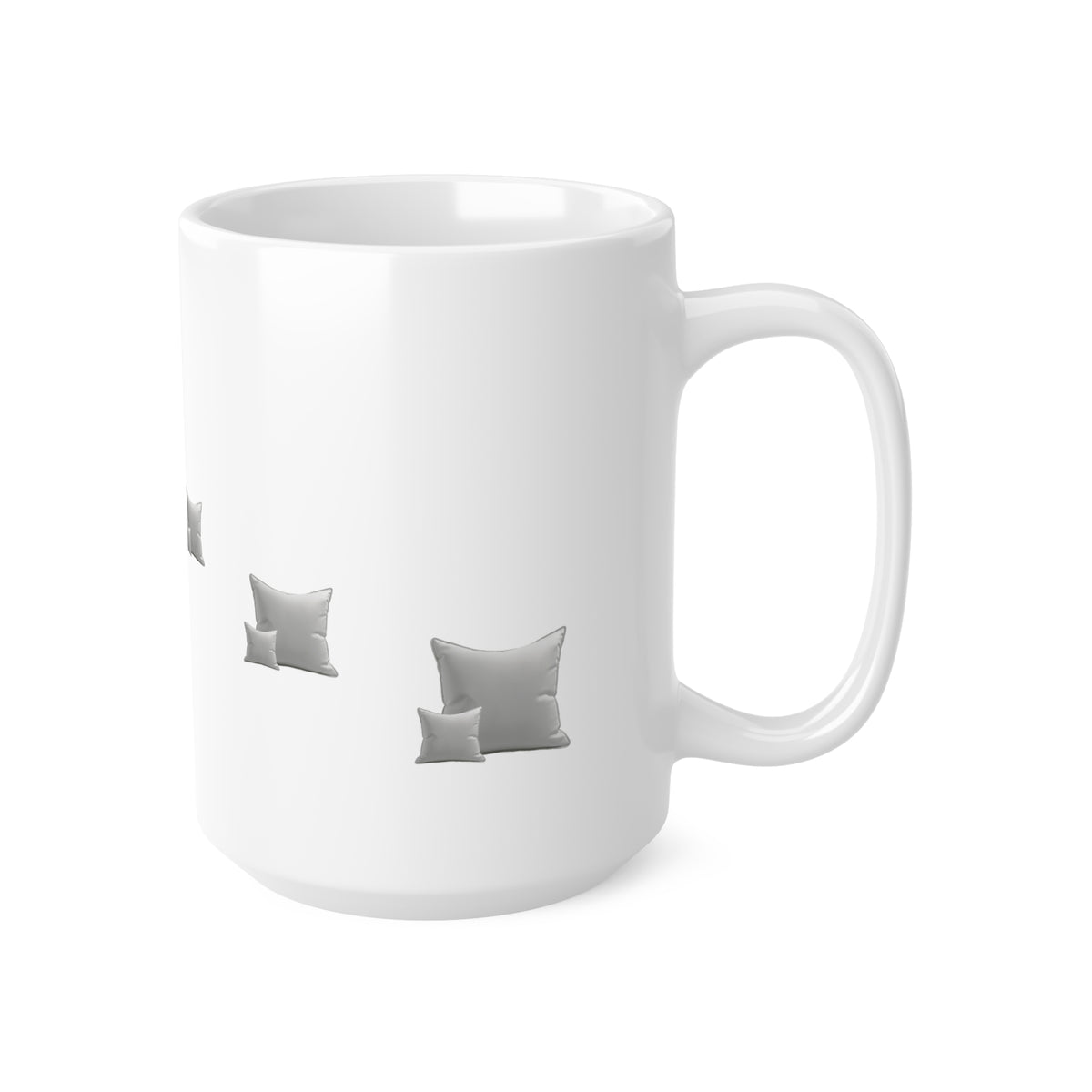 Right side view of white mug decorated with grey throw pillow cushions, 15oz size, showing handle
