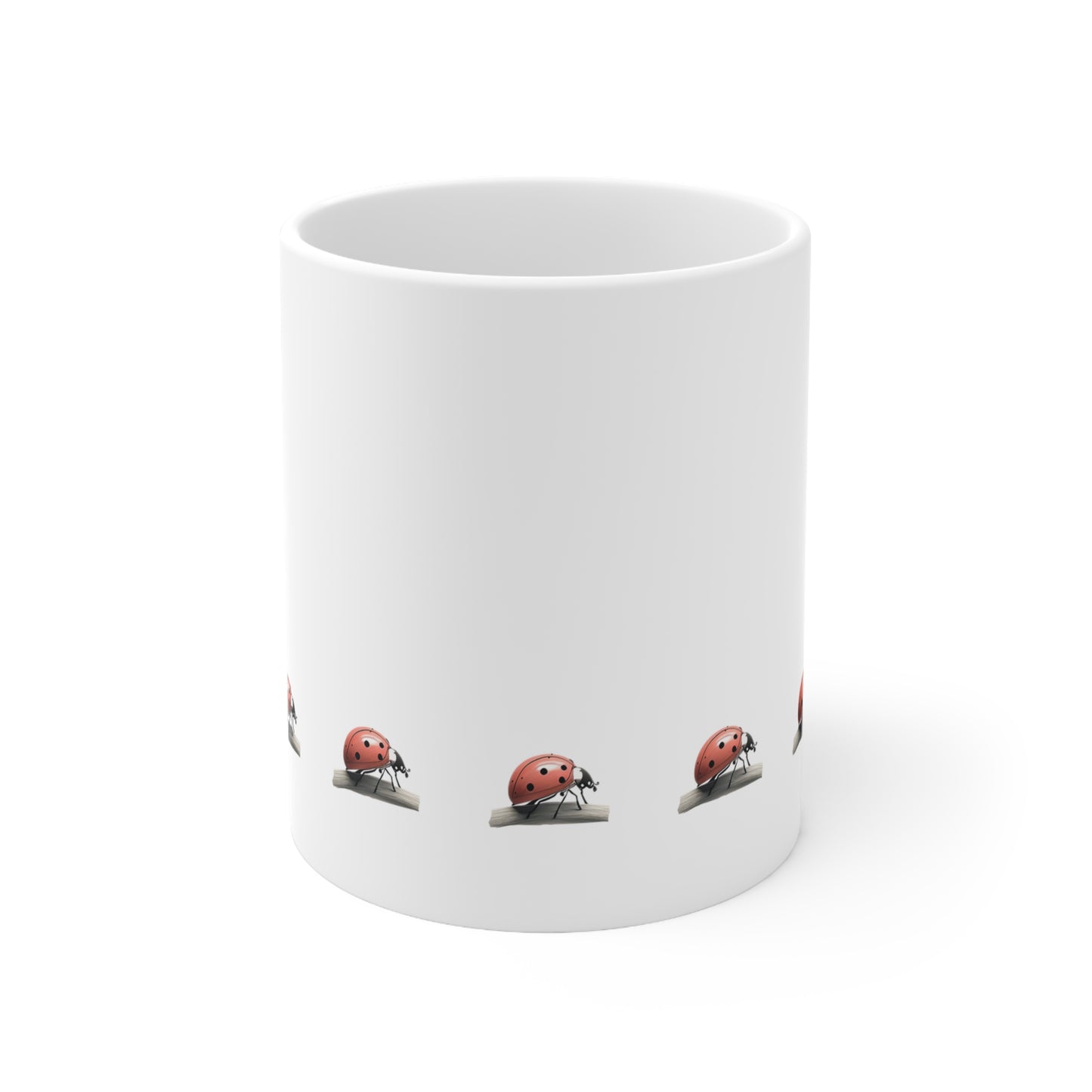 Front view of white ceramic mug red ladybird (ladybug) design, 11oz size