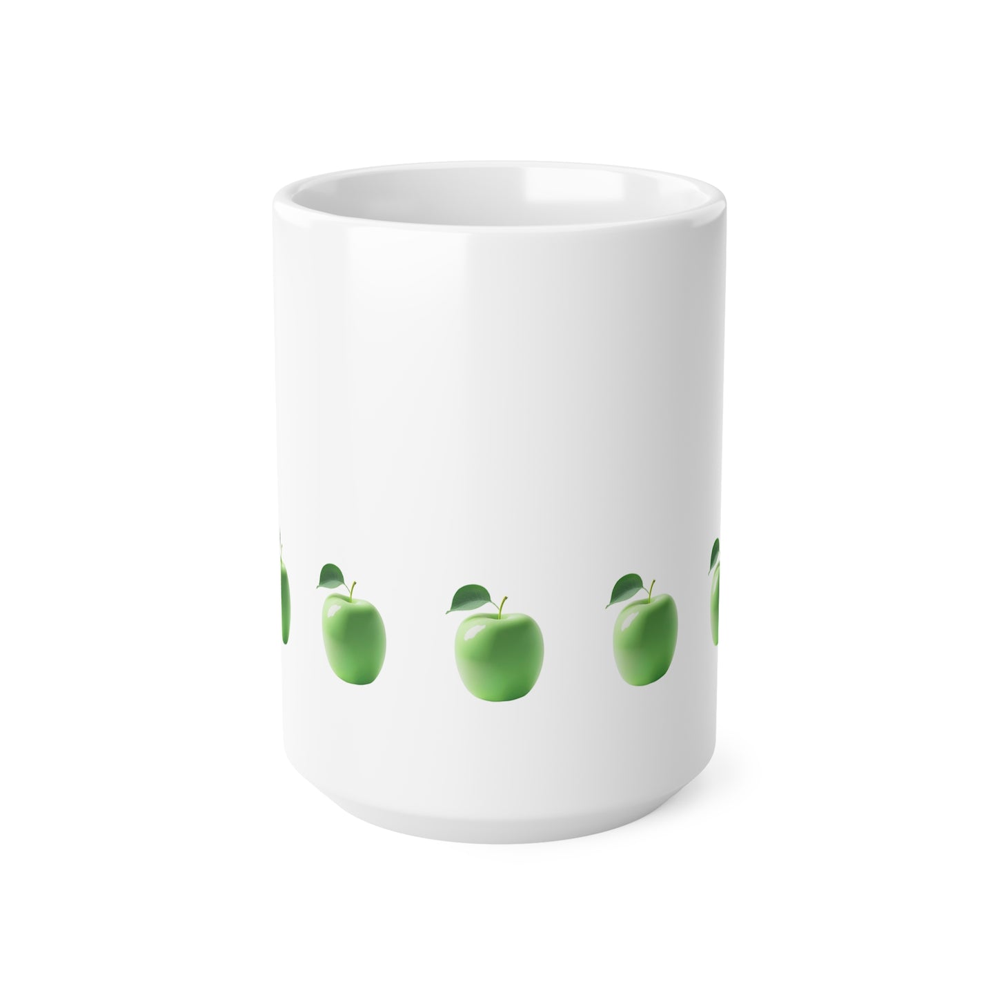 Front view of white ceramic mug with green apple design, 15oz size