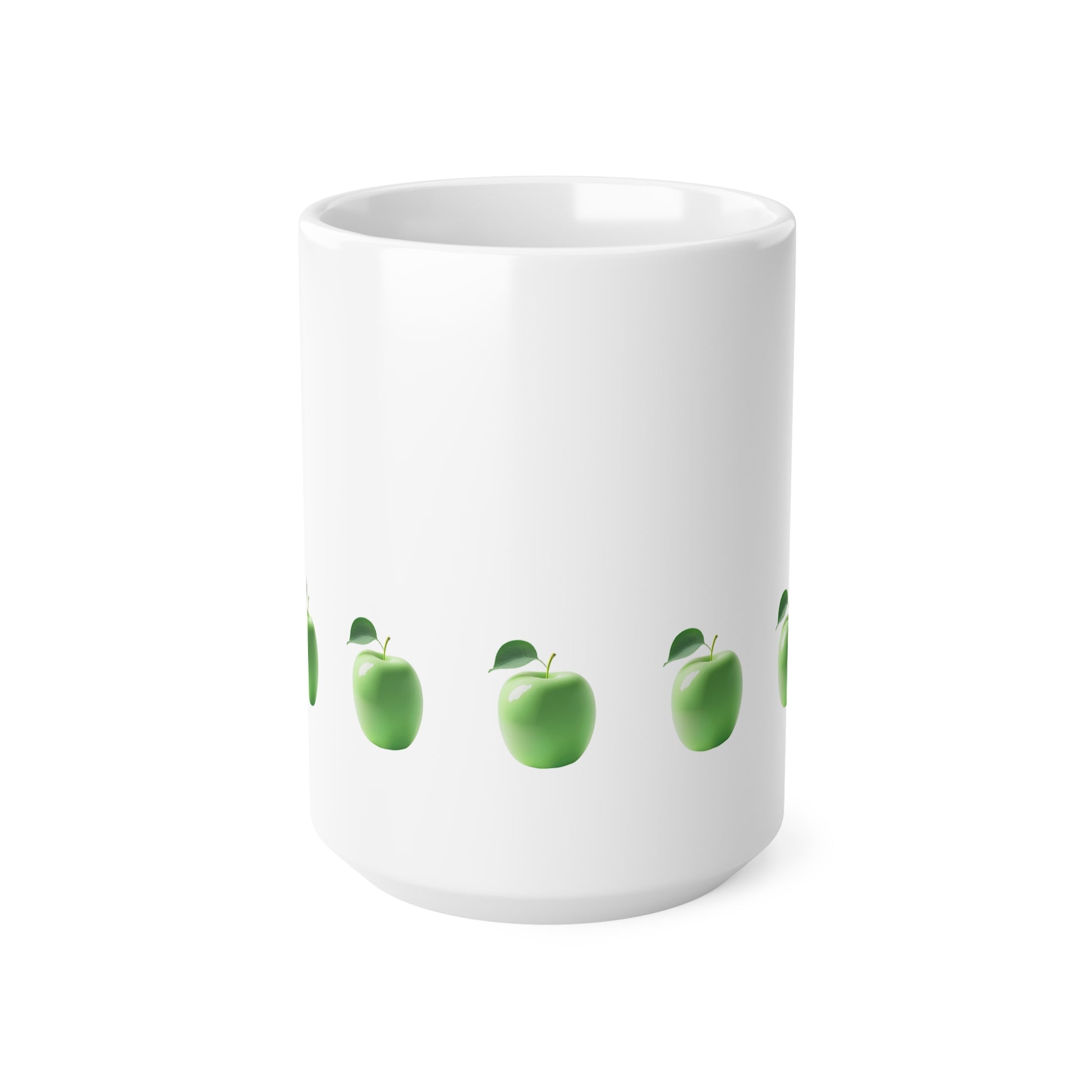 Front view of white ceramic mug with green apple design, 15oz size