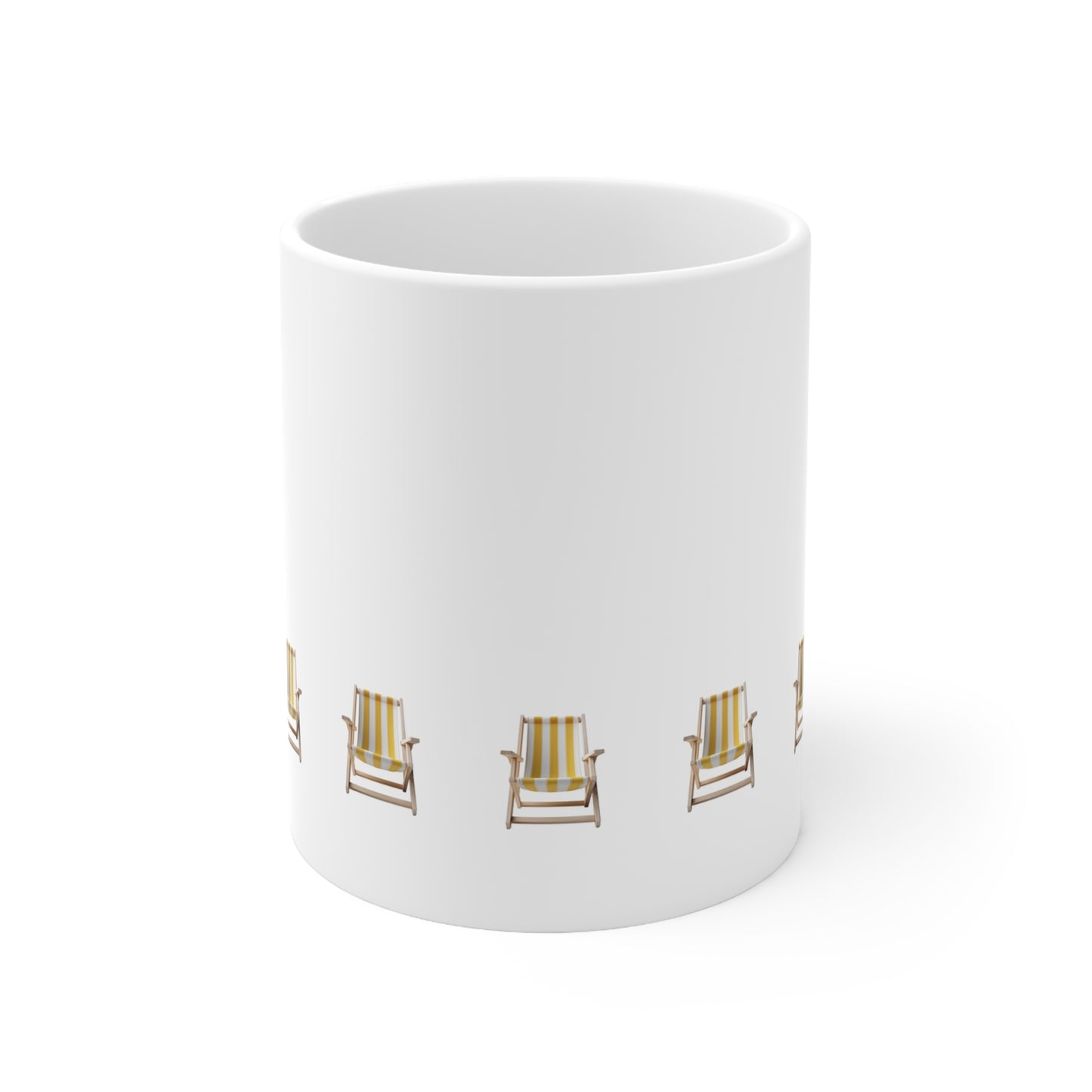 Front view of white ceramic mug with yellow beach chair design, 11oz size
