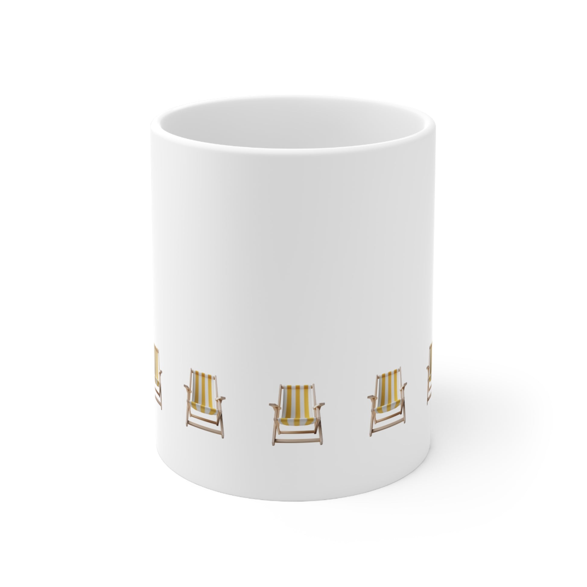 Front view of white ceramic mug with yellow beach chair design, 11oz size