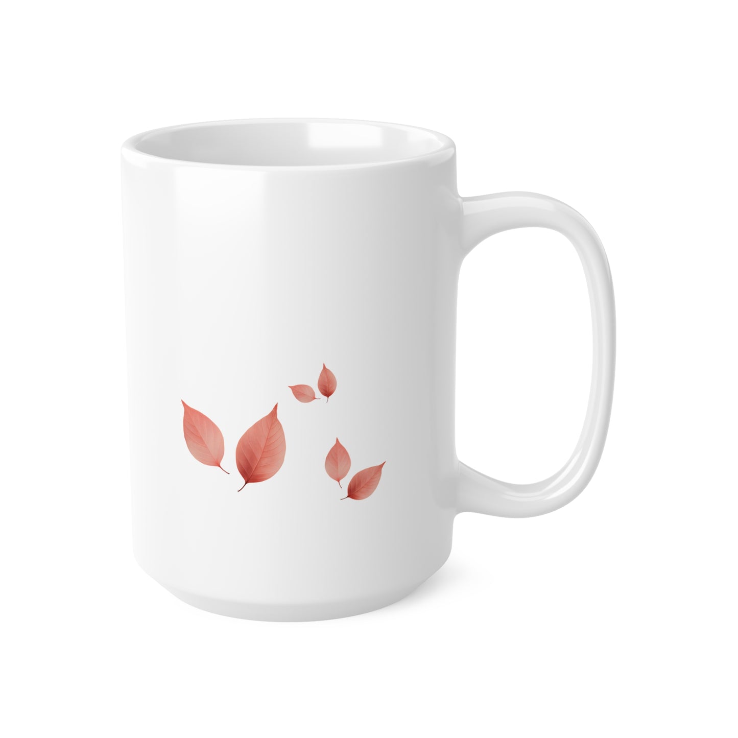 Right side view of white ceramic autumn leaf mug, 15oz size, showing leaf cluster and handle