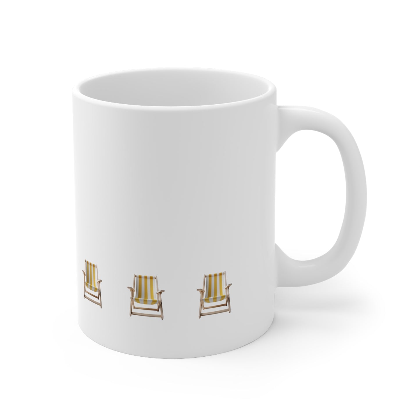 Right side view of white ceramic yellow beach chair mug, 11oz size, showing handle