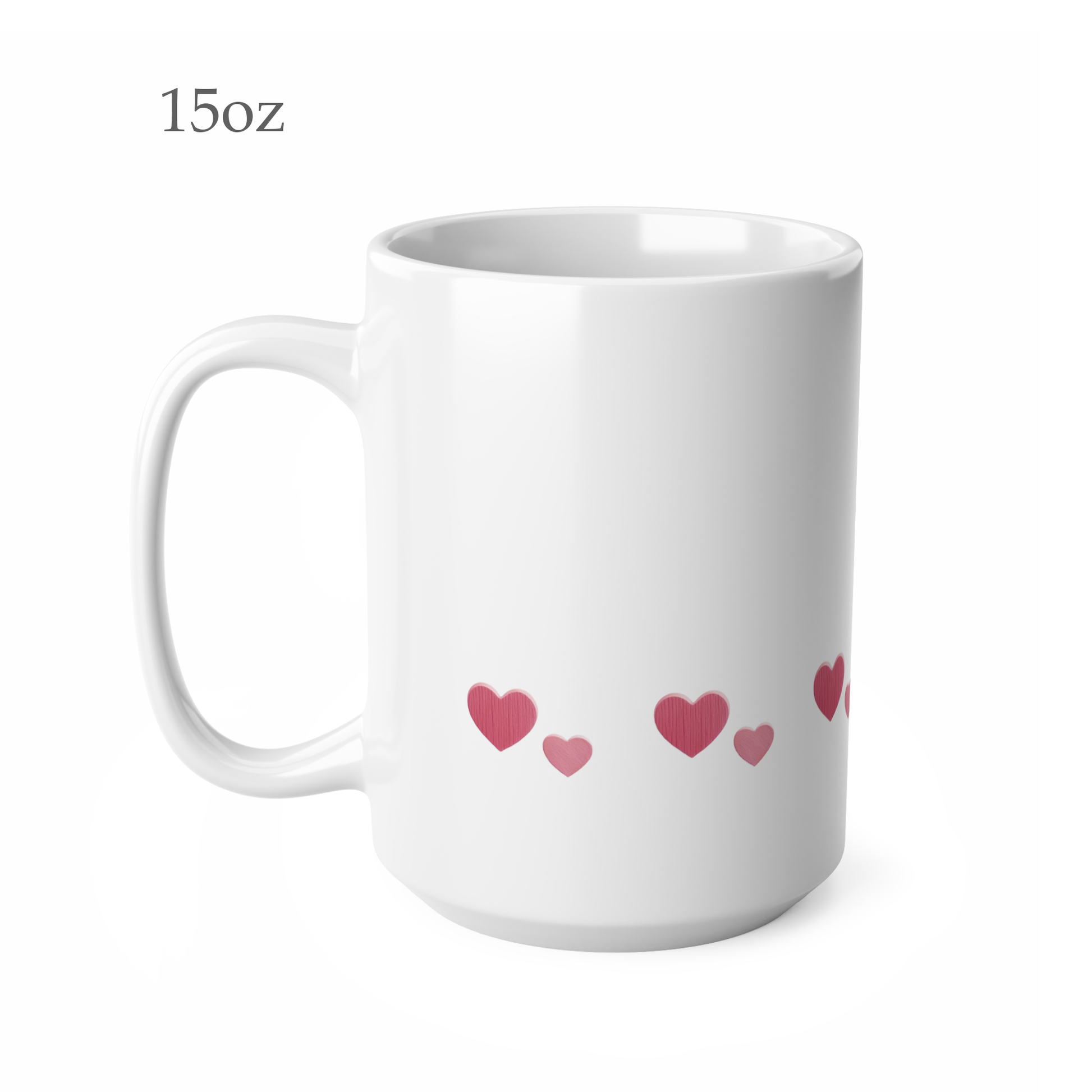 Left side view of white ceramic heart mug, 15oz size, showing handle