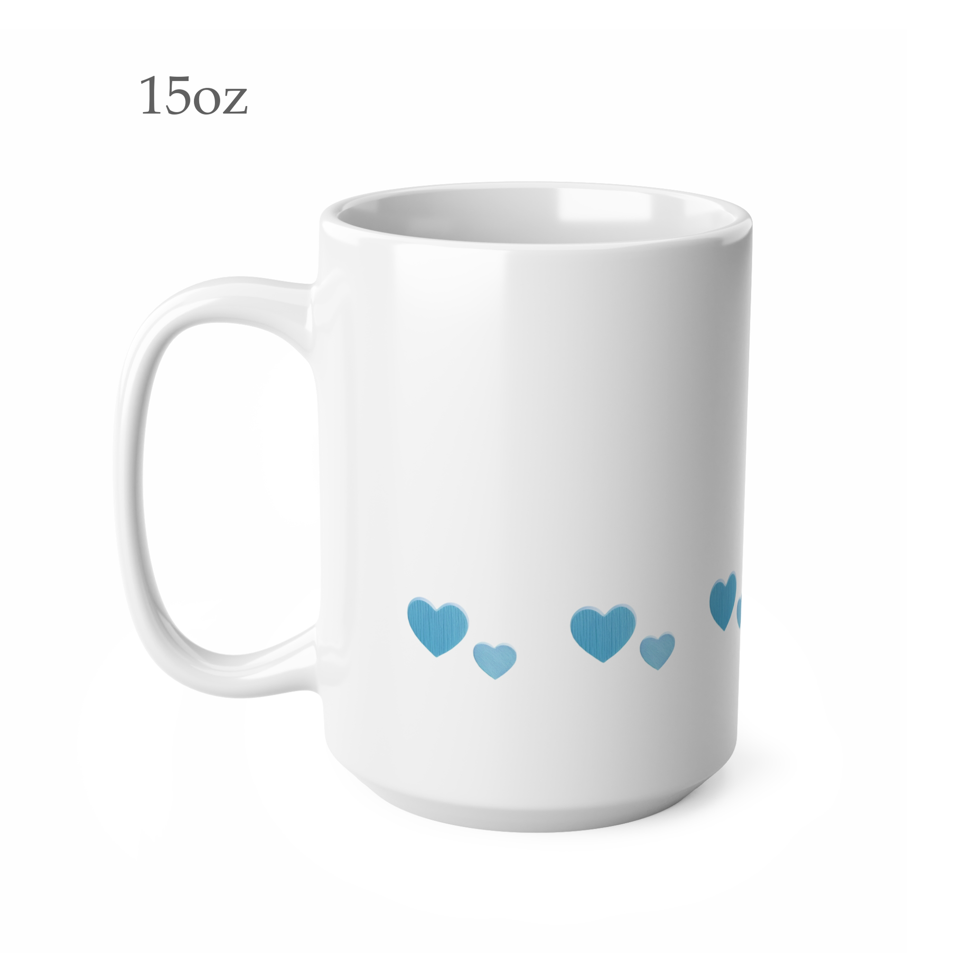 Left side view of white ceramic blue heart mug, 15oz size, showing handle