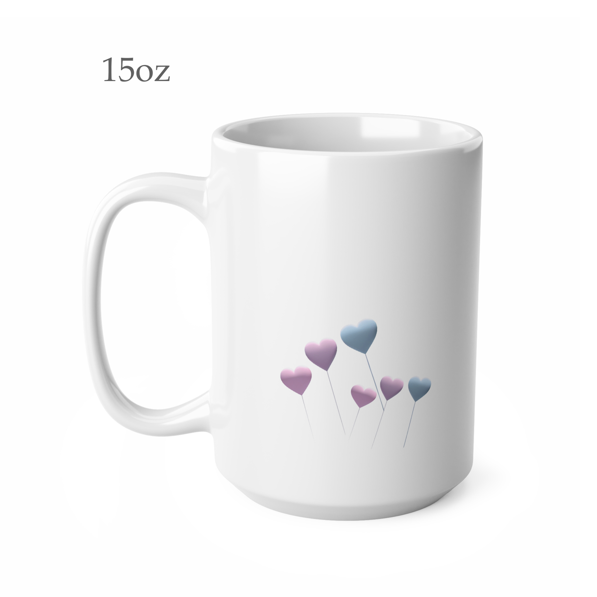 Left side view of white ceramic pastel heart mug, 15oz size, showing handle