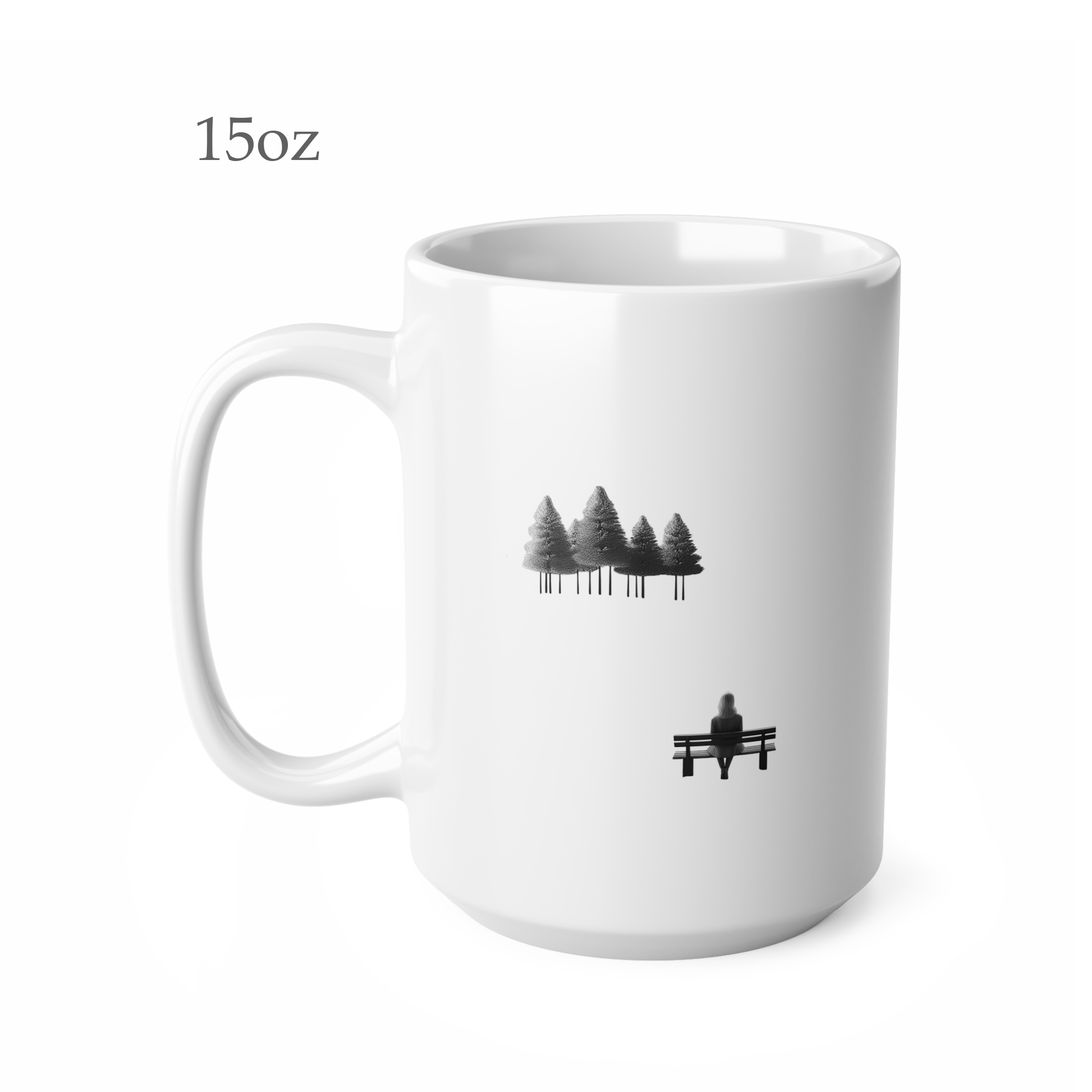 Left side view of black and white ceramic line art mug, 15oz size, showing handle