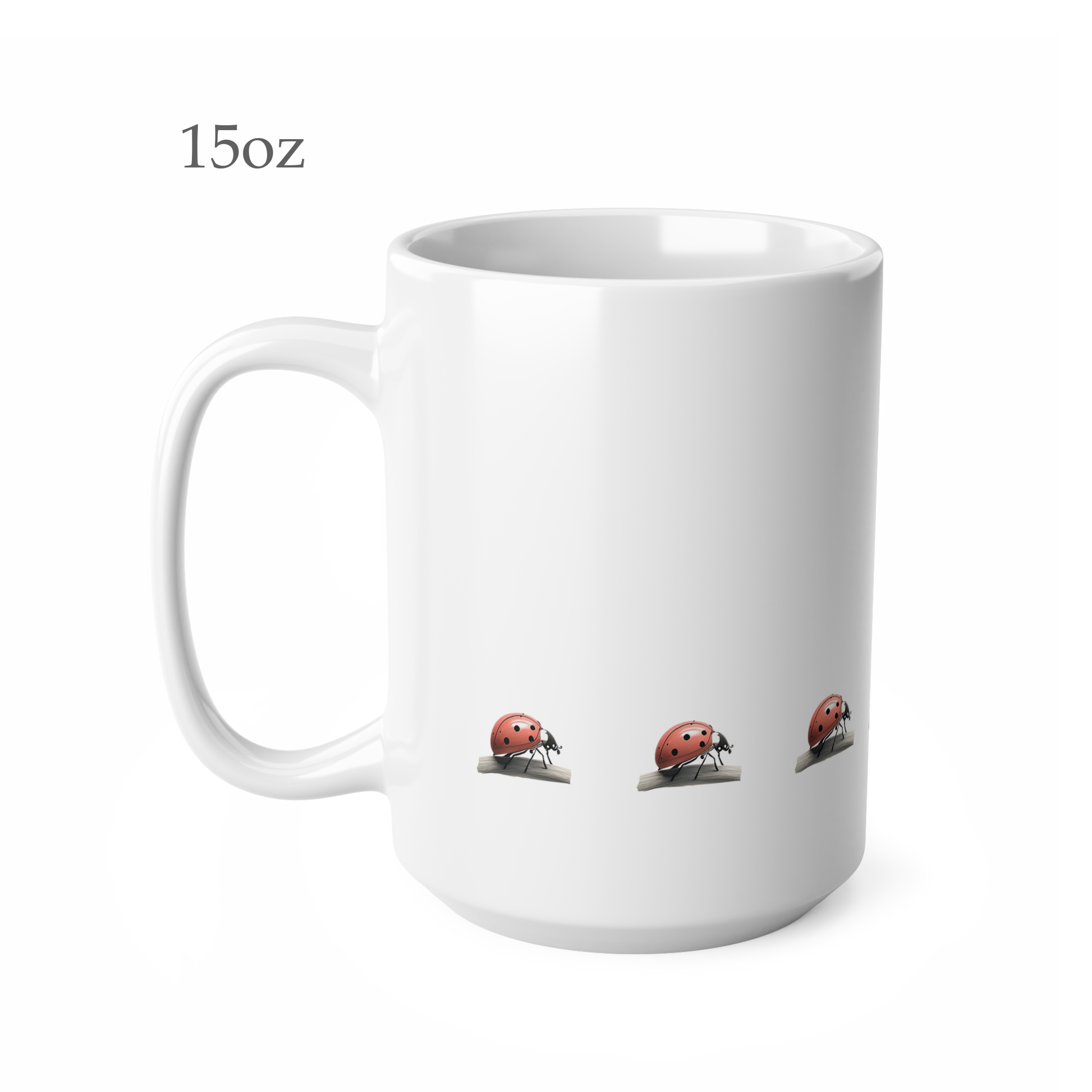Left side view of white ceramic ladybird mug, 15oz size, showing handle