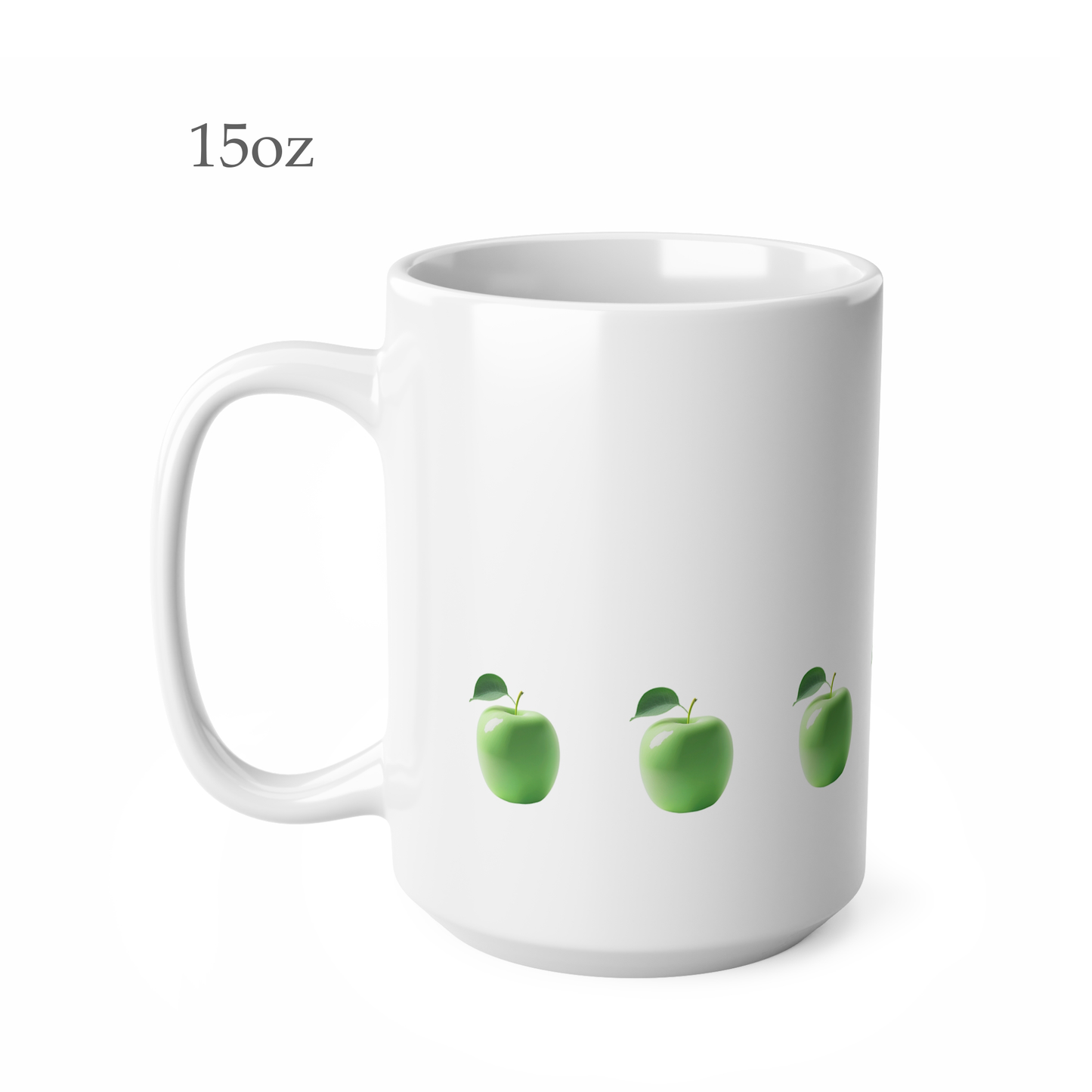 Left side view of white ceramic apple mug, 15oz size, showing handle