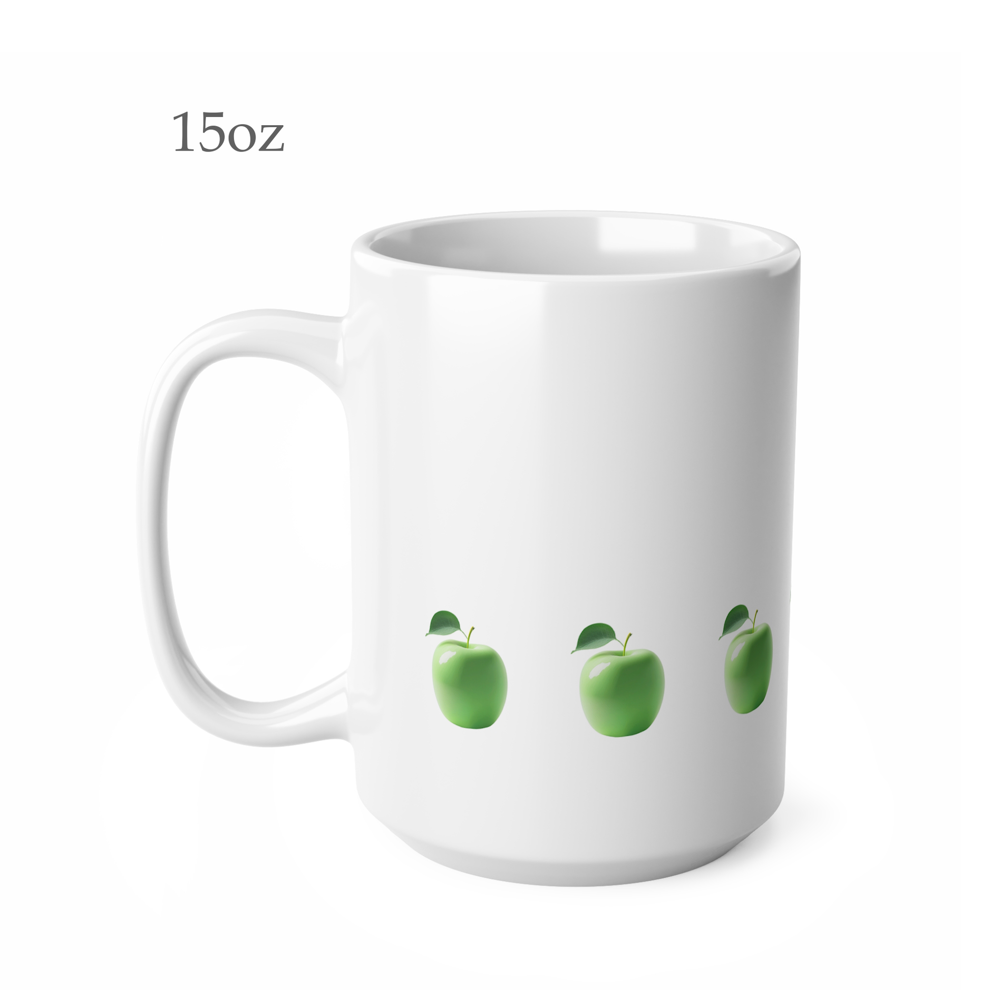 Left side view of white ceramic apple mug, 15oz size, showing handle