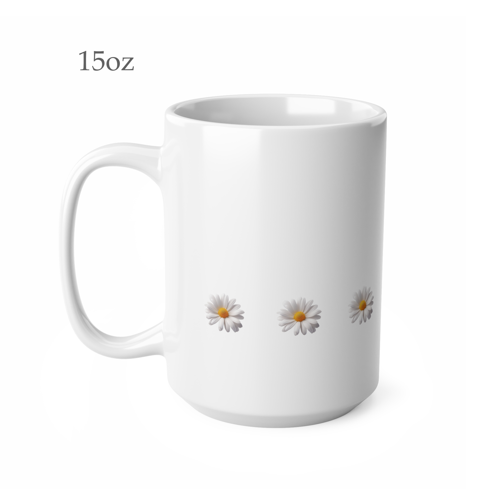 Left side view of white ceramic daisy mug, 15oz size, showing handle