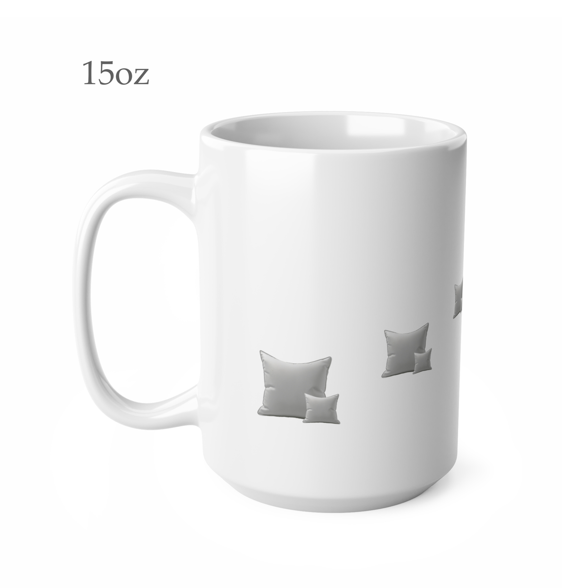 Left side view of white mug decorated with grey throw pillow cushions, 15oz size, showing handle