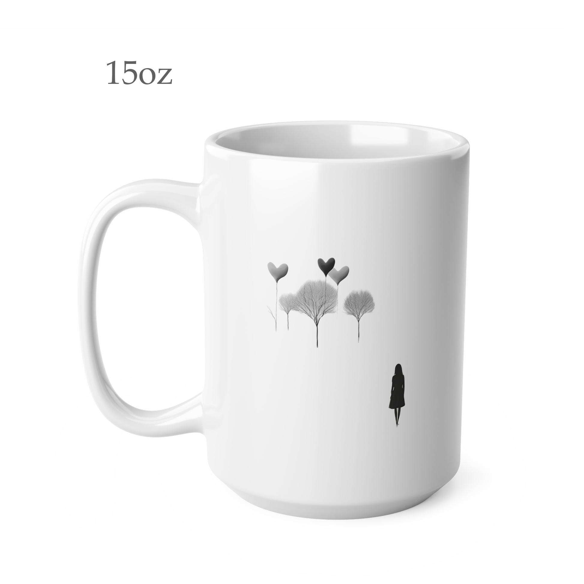 Left side view of black and white ceramic line art mug, 15oz size, showing handle