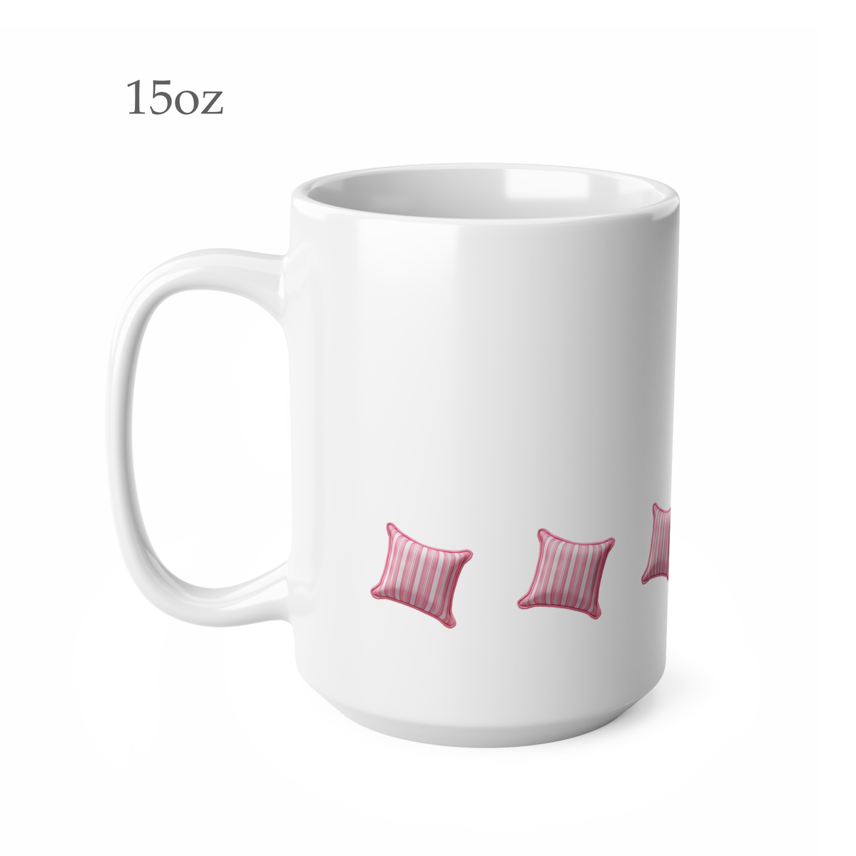 Left side view of pink and white striped cushion mug, 15oz size, showing handle