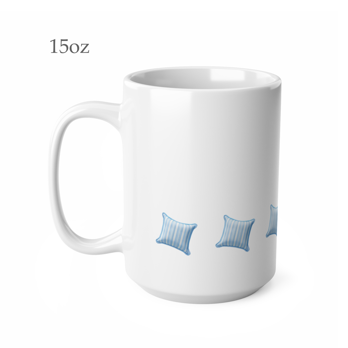 Left side view of blue and white striped throw pillow cushion mug, 15oz size, showing handle