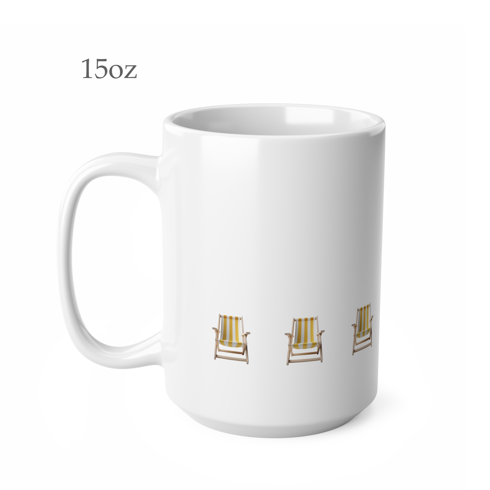 Left side view of white ceramic yellow beach chair mug, 15oz size, showing handle