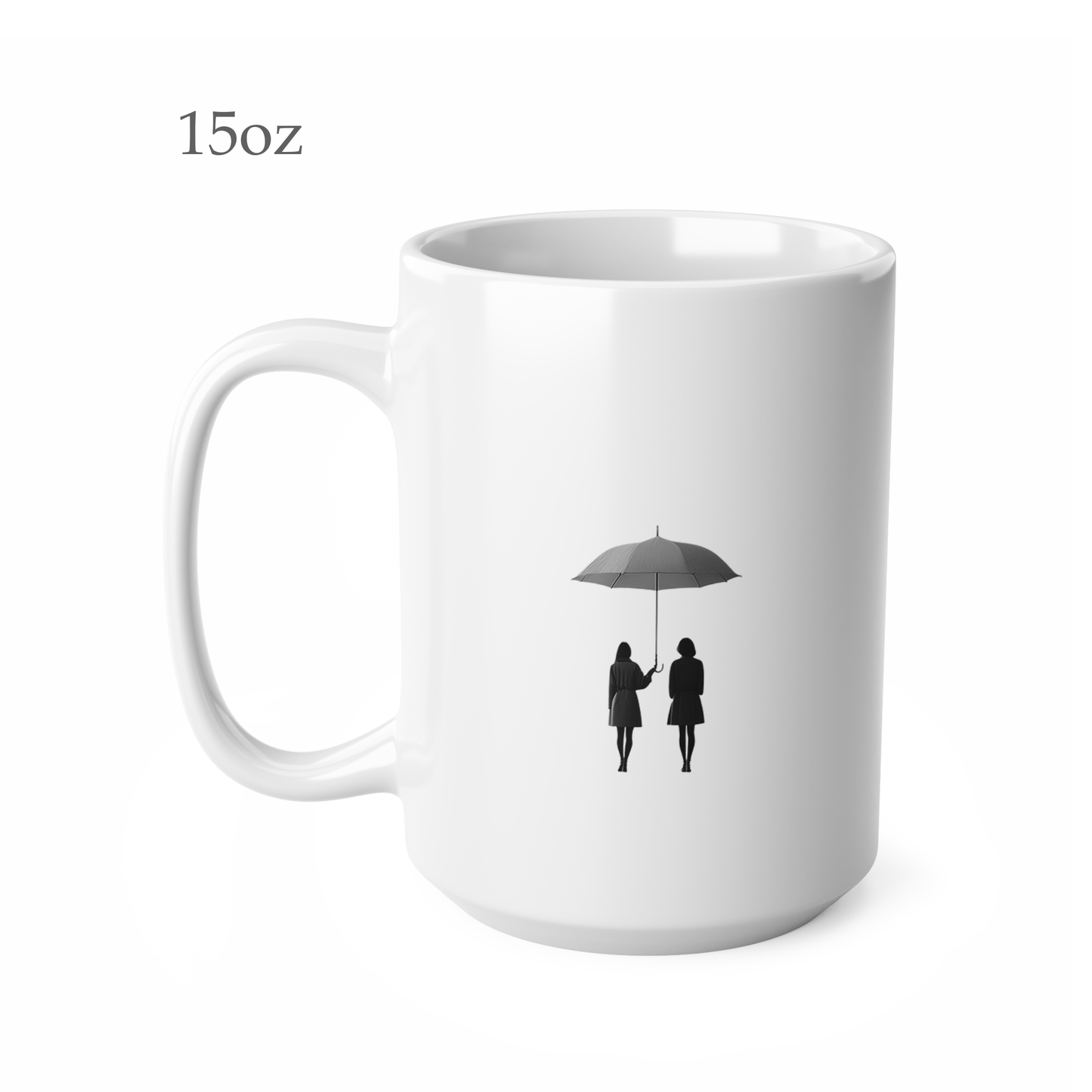 Left side view of black and white ceramic line art mug, 15oz size, showing handle
