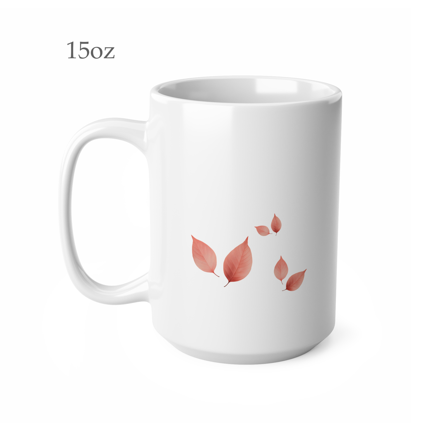 Left side view of white ceramic autumn leaf mug, 15oz size, showing leaf cluster and handle