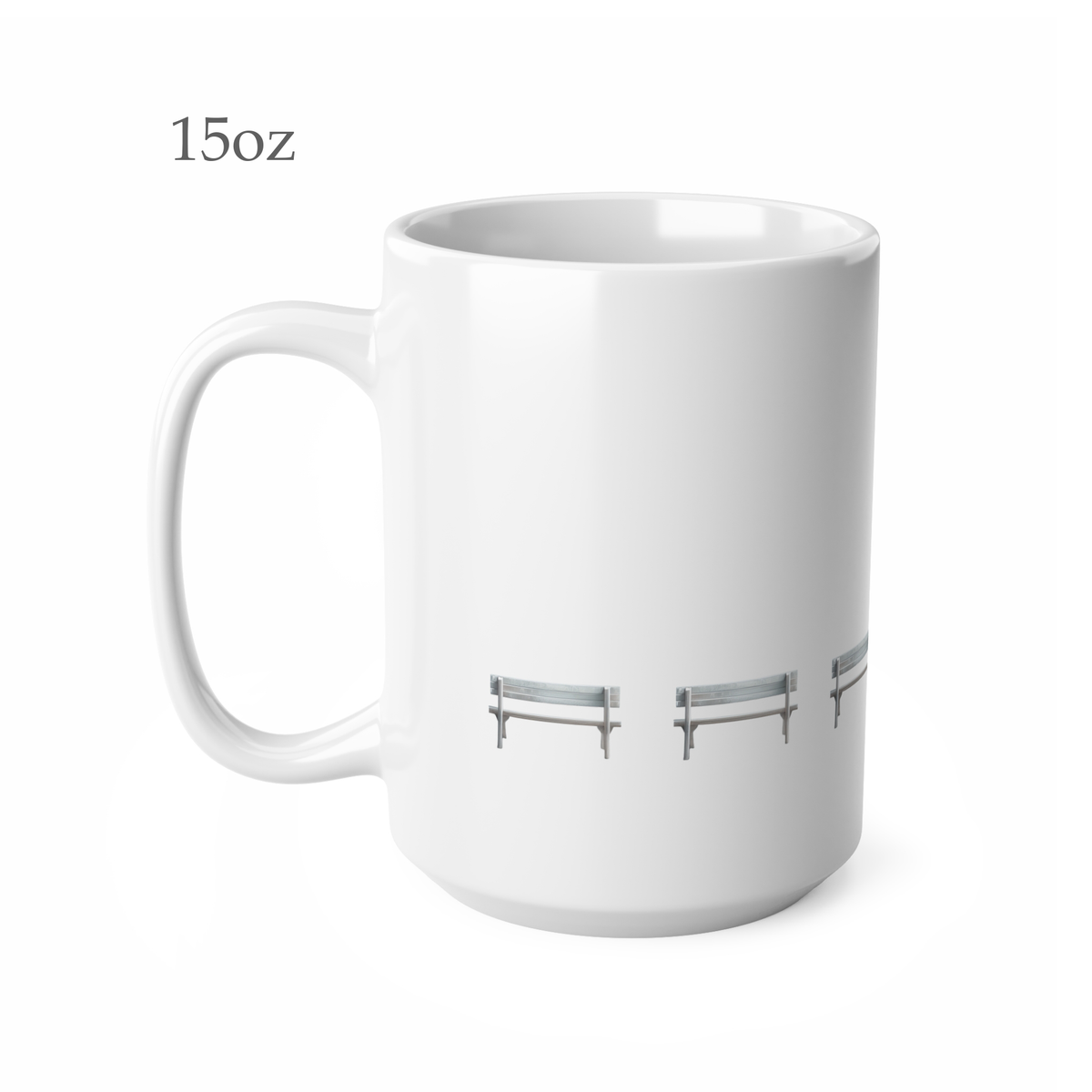 Left side view of white ceramic wooden bench mug, 15oz size, showing handle