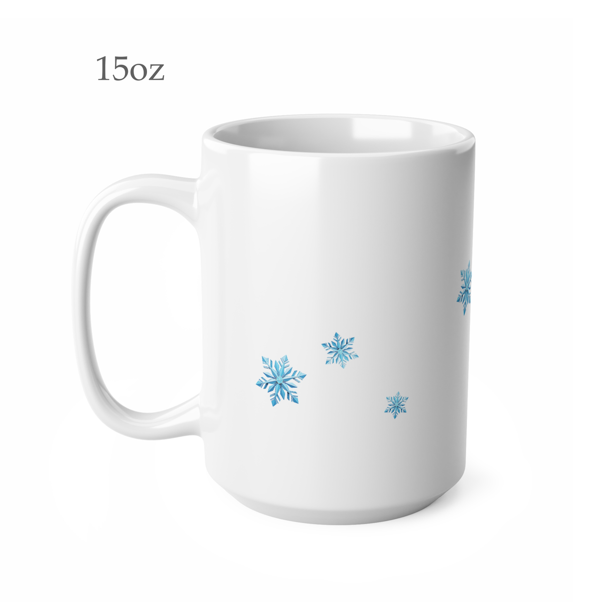 Left side view of a 15oz white ceramic mug decorated with light blue snowflakes, shown on a clean white background with '15oz' text in the upper left.