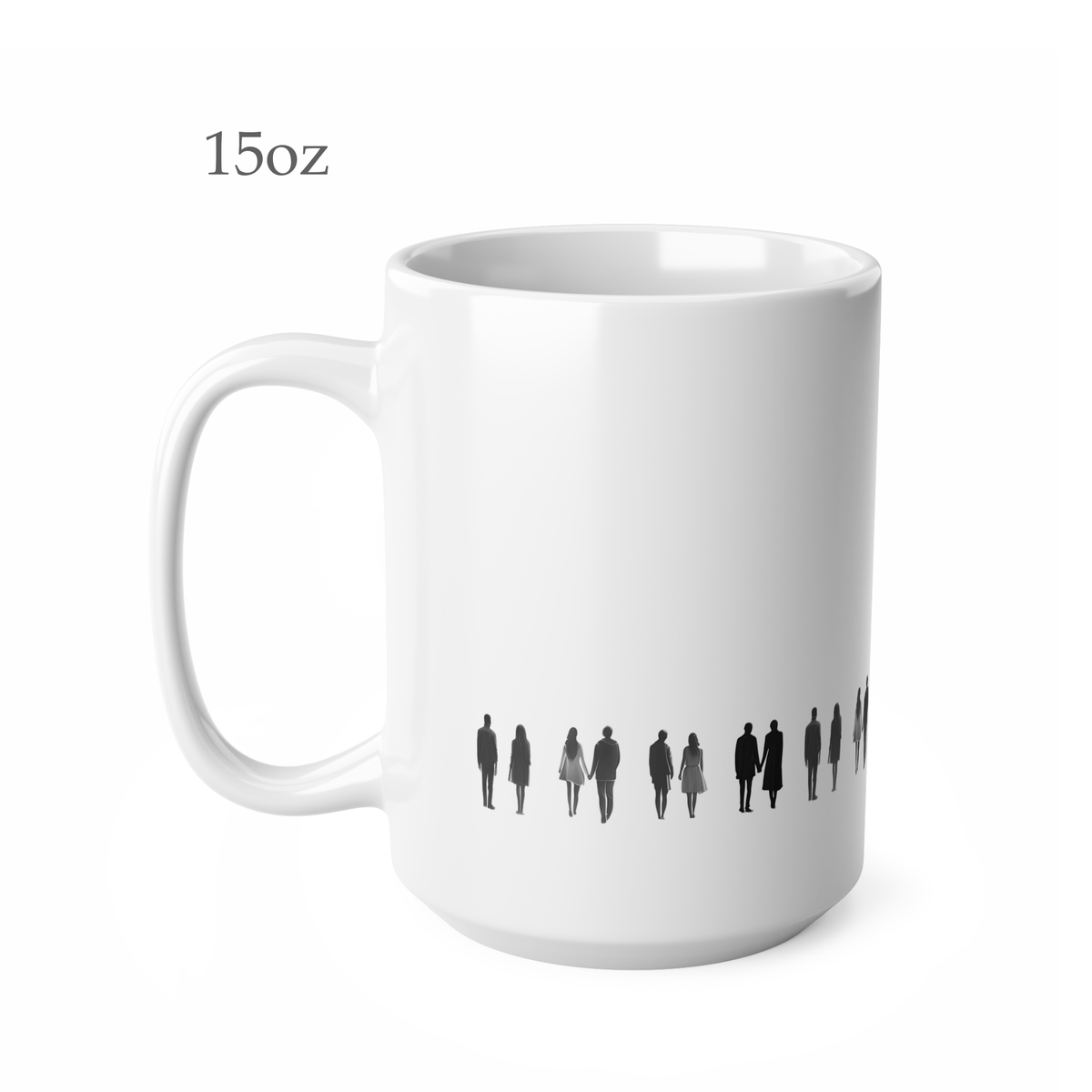 Left side view of white ceramic line art mug, 15oz size, showing handle