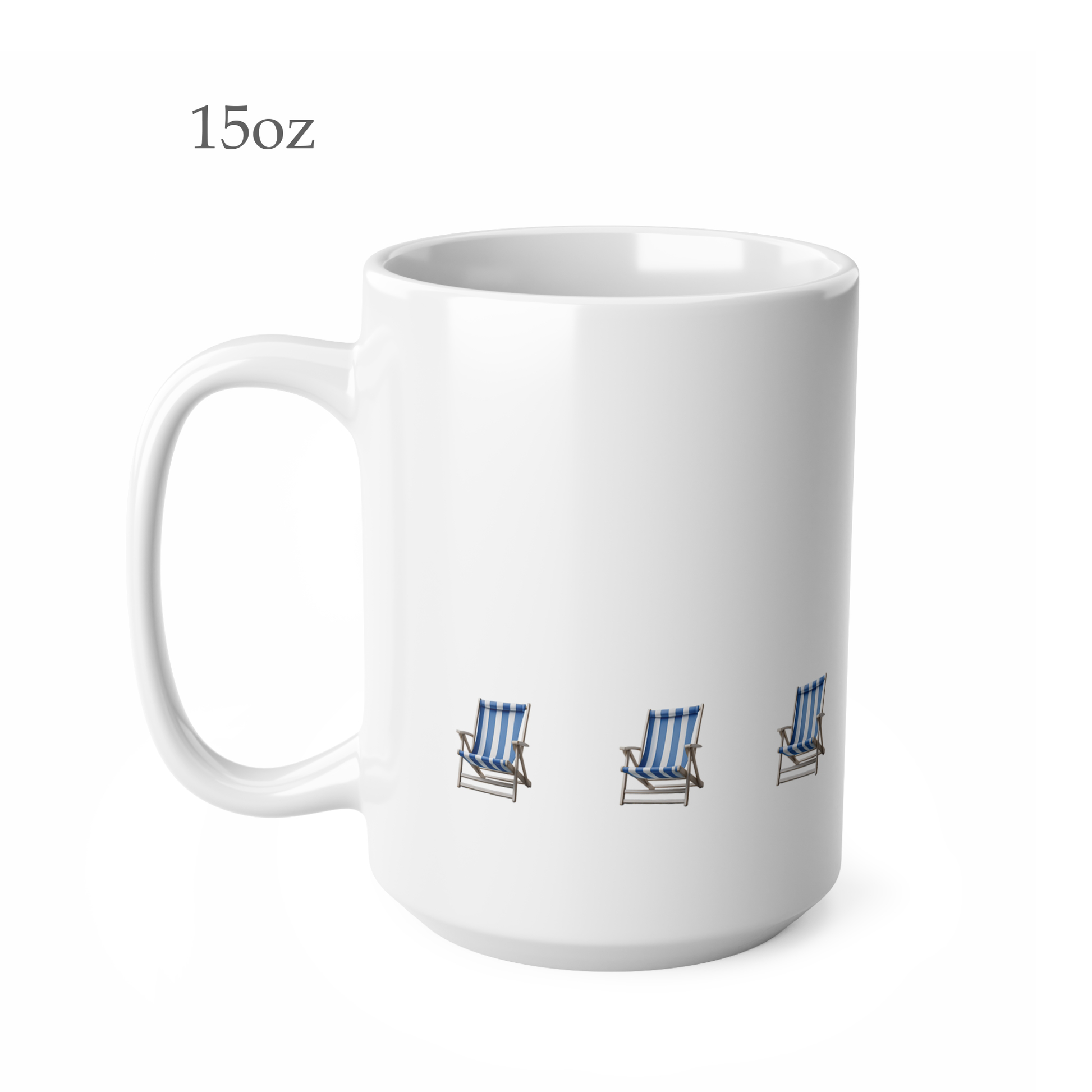 Left side view of white ceramic blue beach chair mug, 15oz size, showing handle