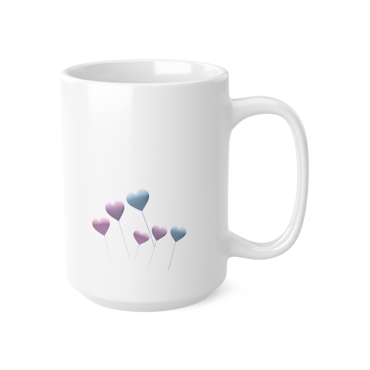 Right side view of white ceramic pastel heart mug, 15oz size, showing handle