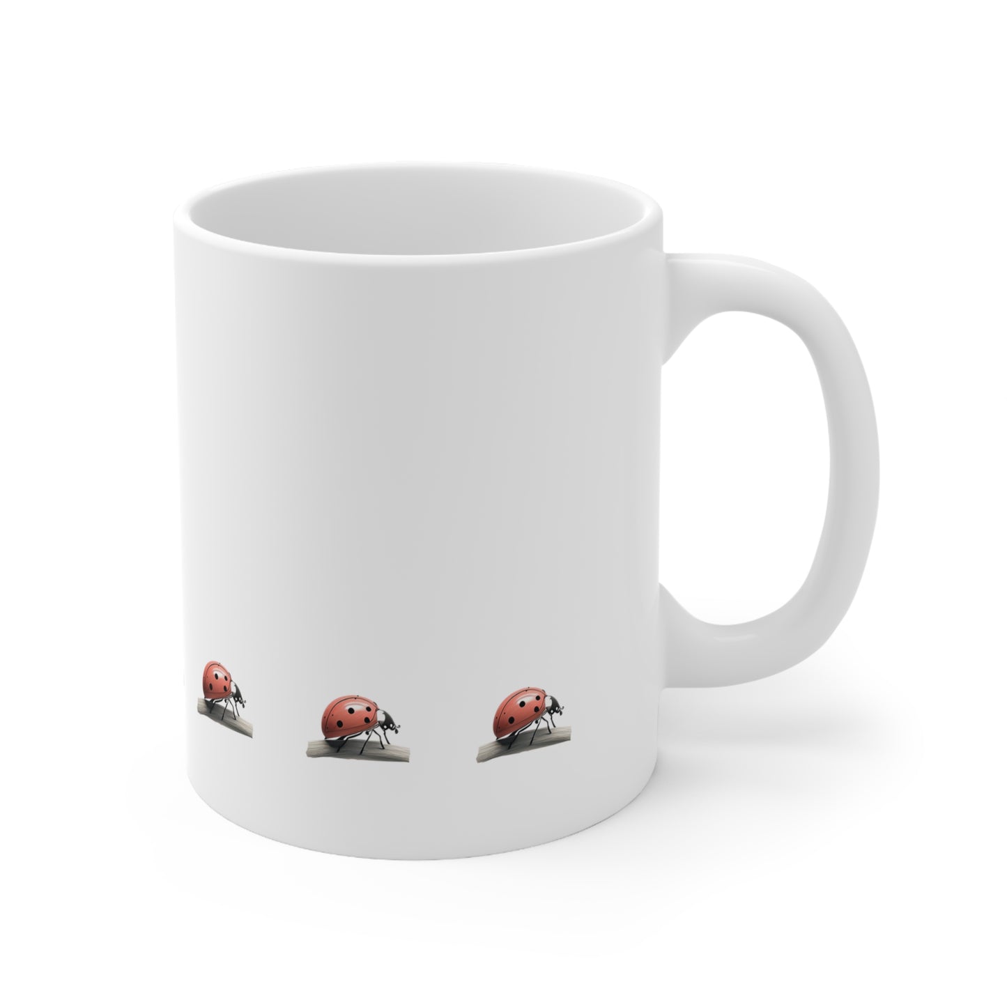 Right side view of white ceramic ladybird mug, 11oz size, showing handle