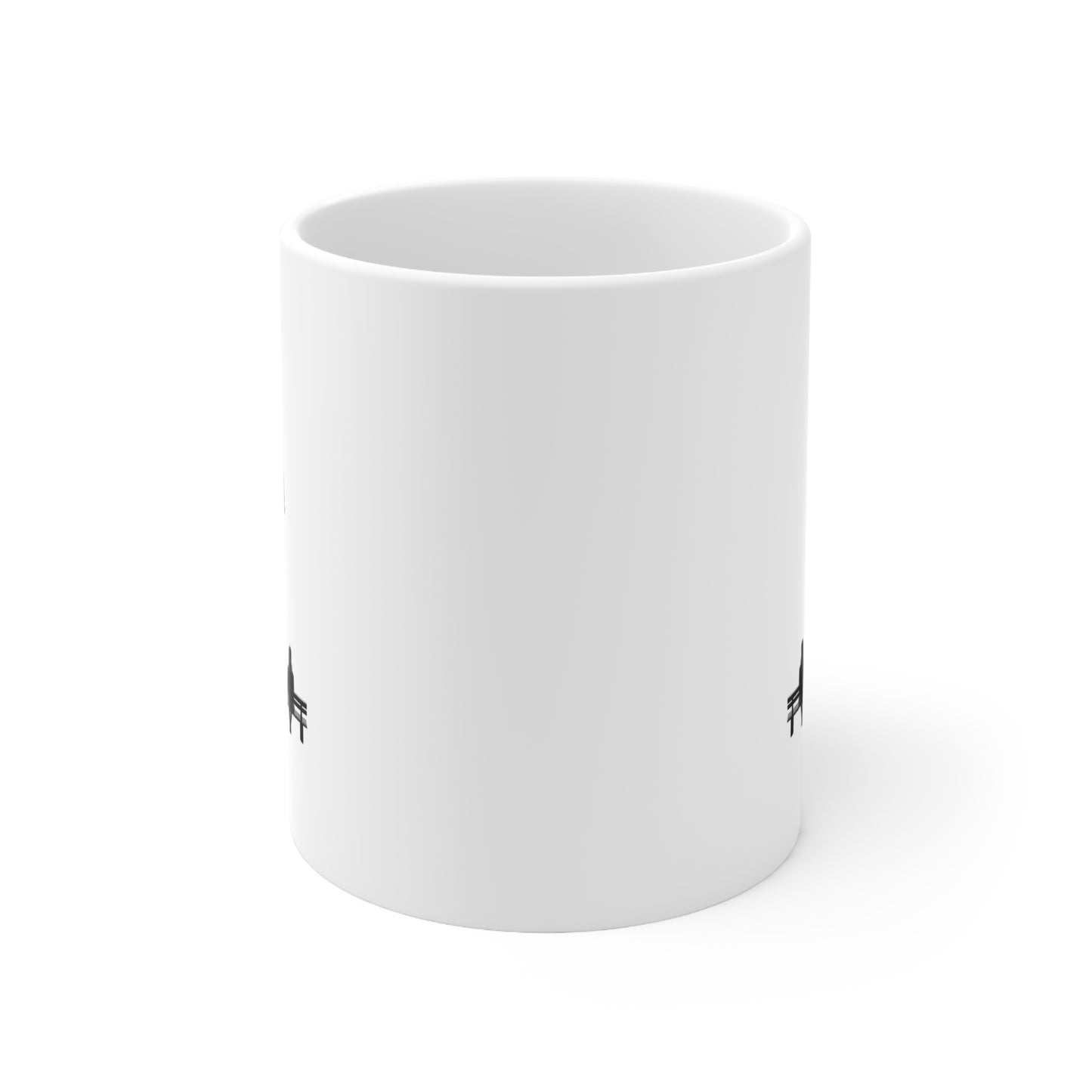 Front view of black and white ceramic line art mug, 11oz size