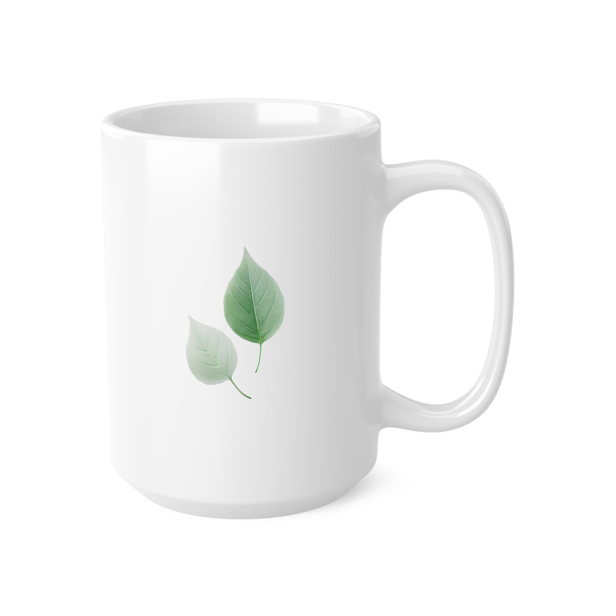 Right side view of white ceramic autumn leaf mug, 15oz size, showing two green leaves design and handle