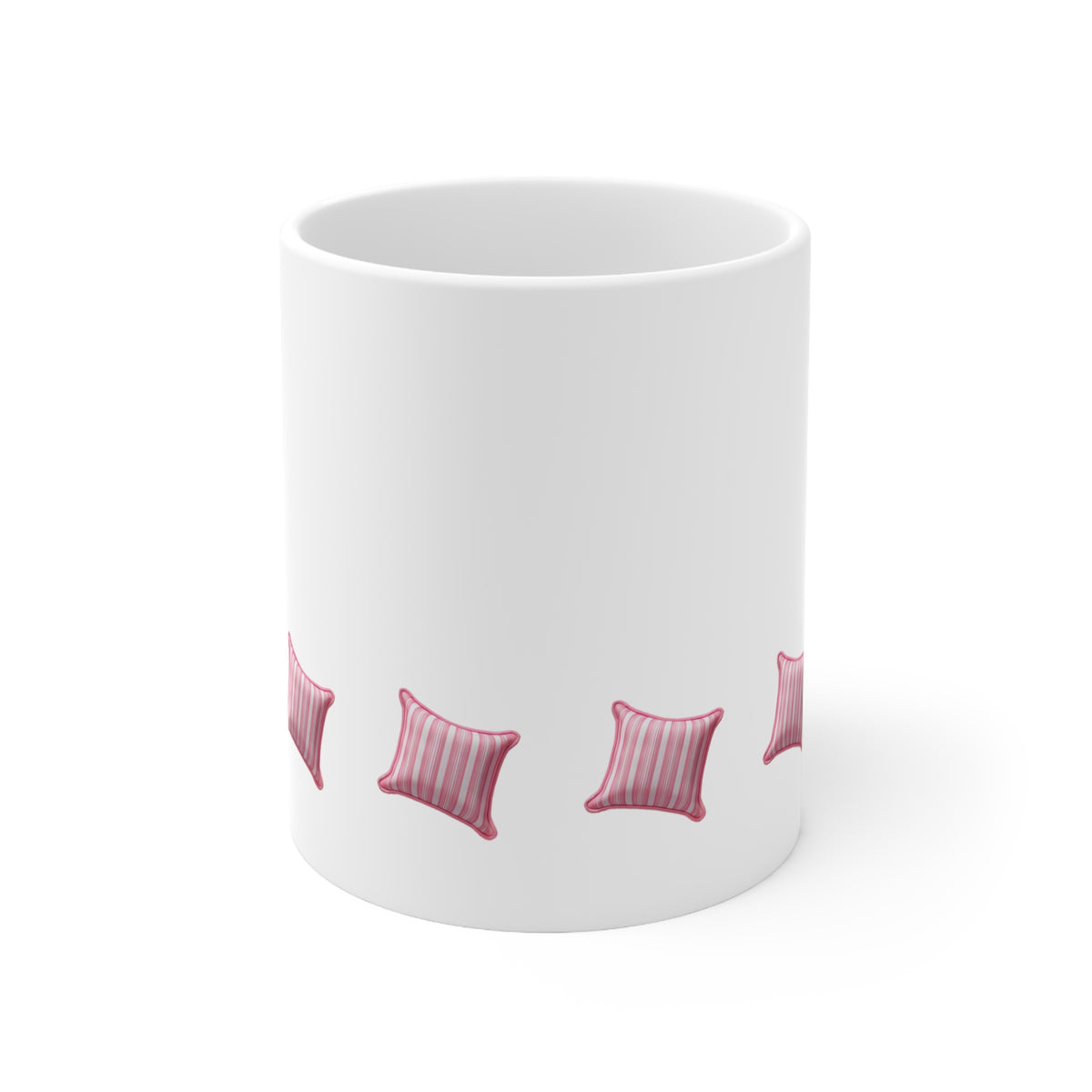 Front view of pink and white striped decorative cushion mug, 11oz size