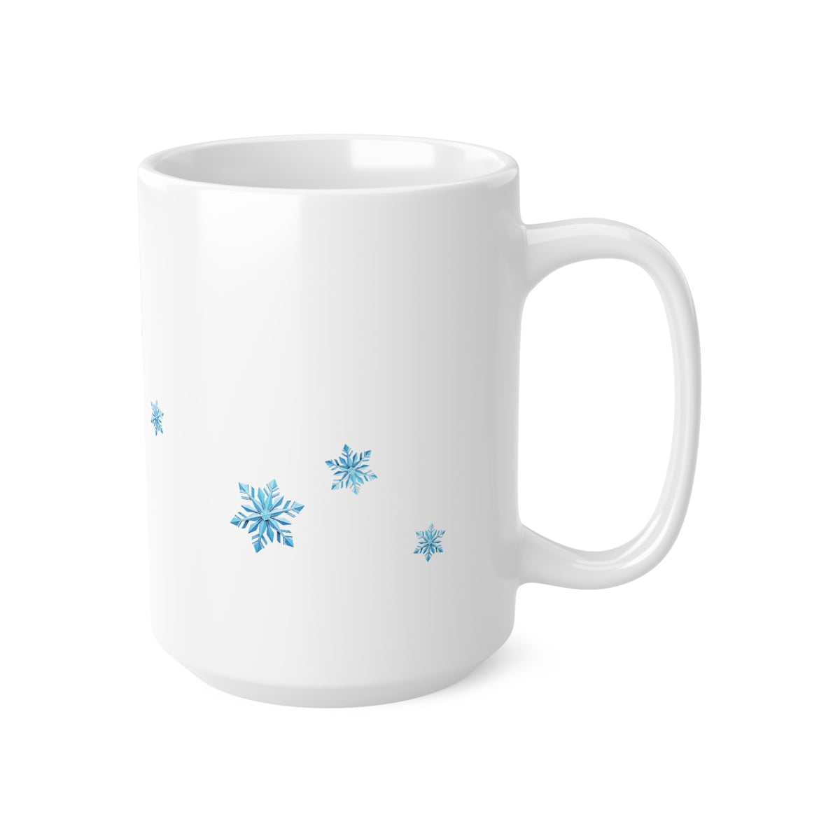Right side view of 15oz white ceramic mug with a handle, decorated with small blue snowflakes on the side, shown against a plain white background.