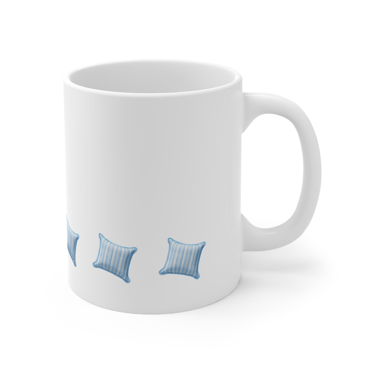 Right side view of blue and white striped throw pillow cushion mug, 11oz size, showing handle