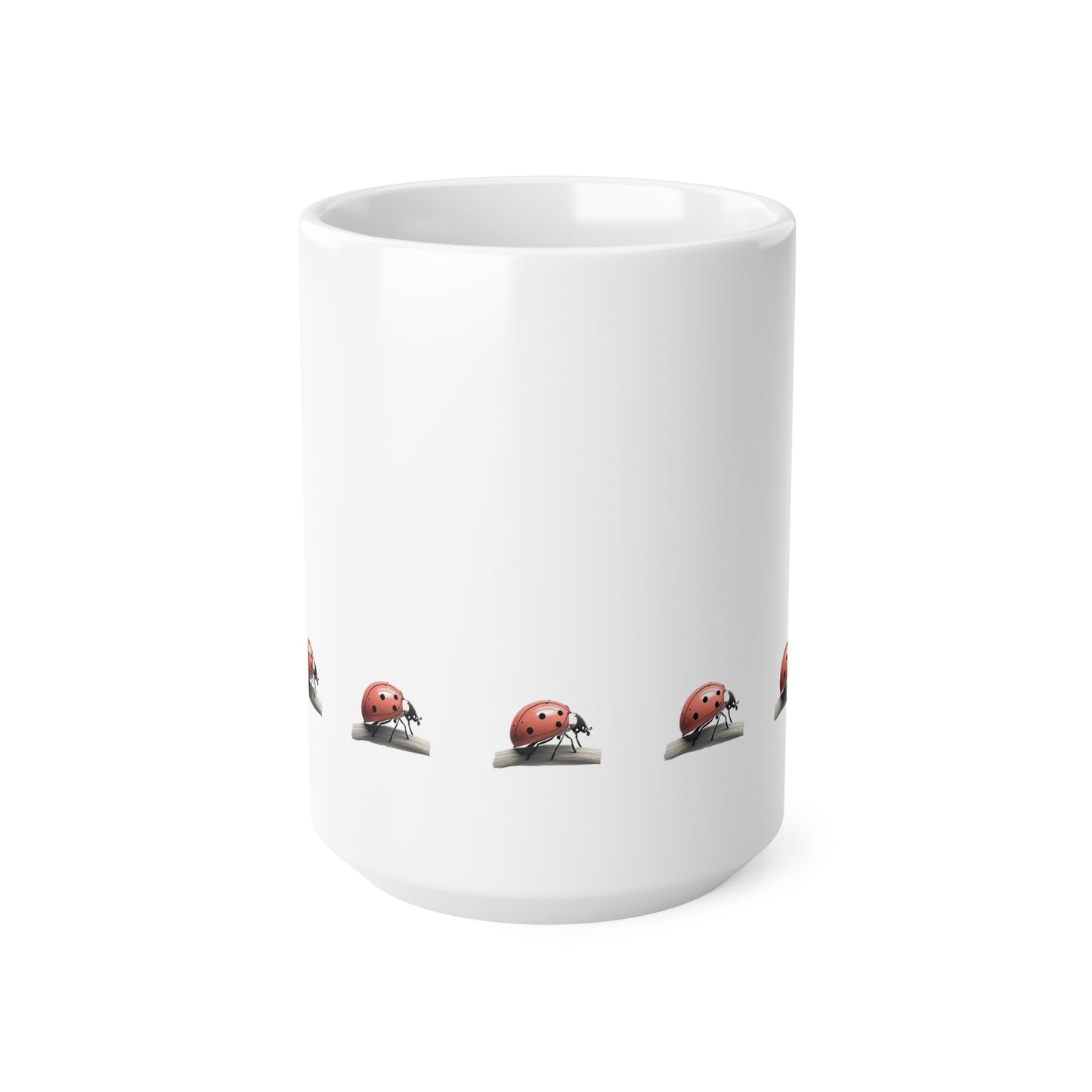 Front view of white ceramic mug with red ladybird (ladybug) design, 15oz size