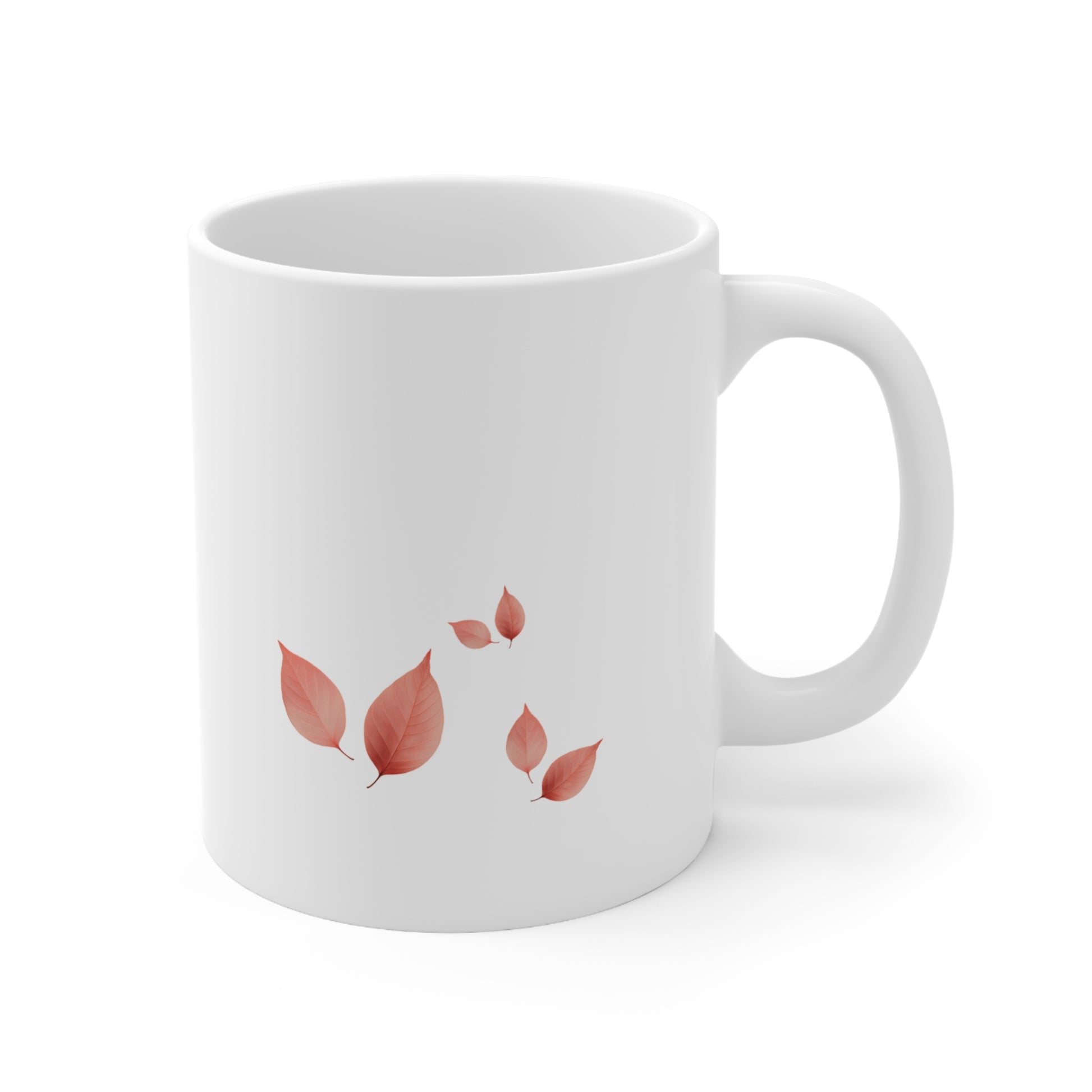 Right side view of white ceramic autumn leaf mug, 11oz size, showing leaf cluster and handle