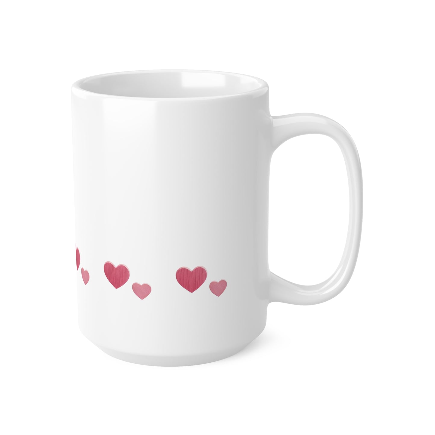 Right side view of white ceramic heart mug, 15oz size, showing handle