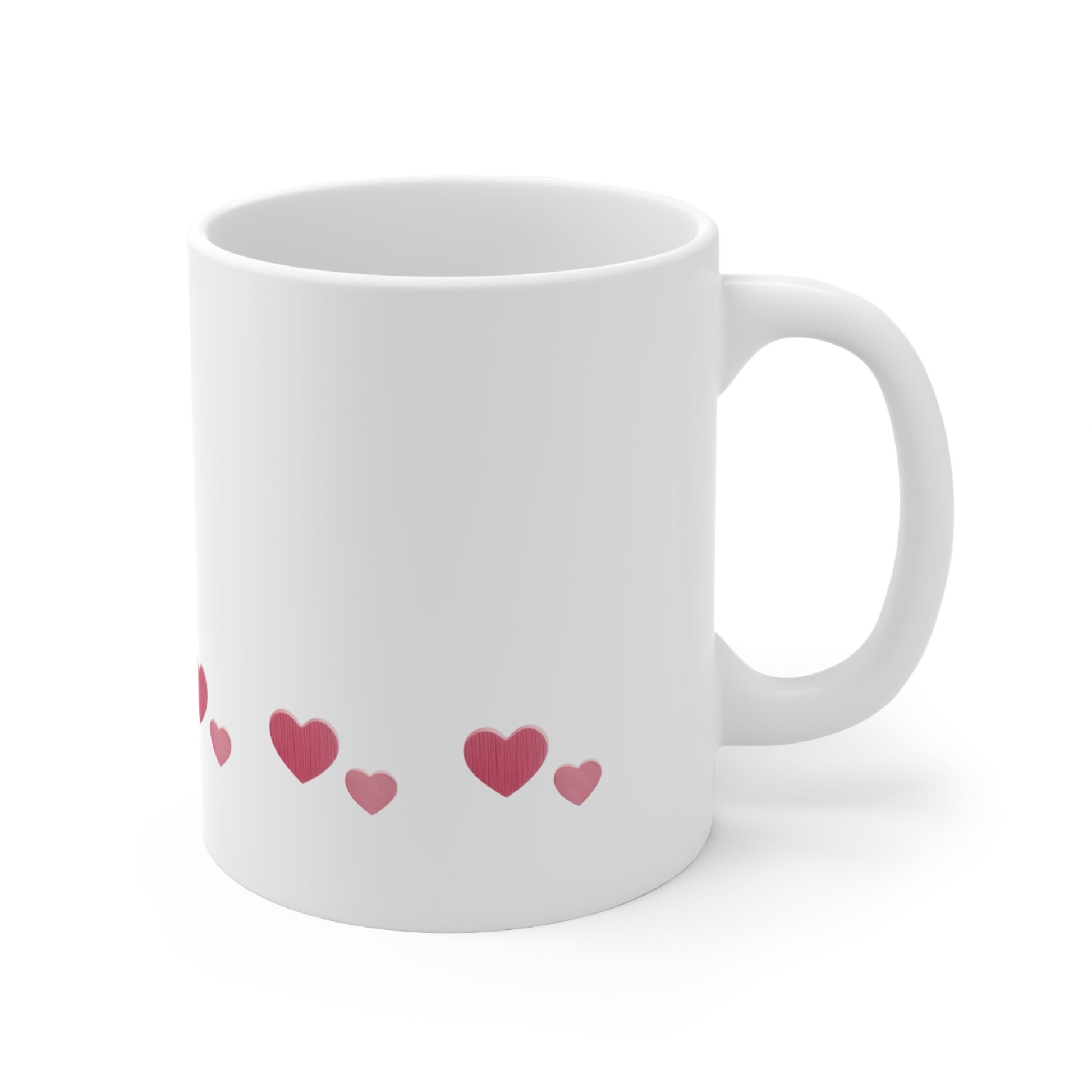 Right side view of white ceramic heart mug, 11oz size, showing handle