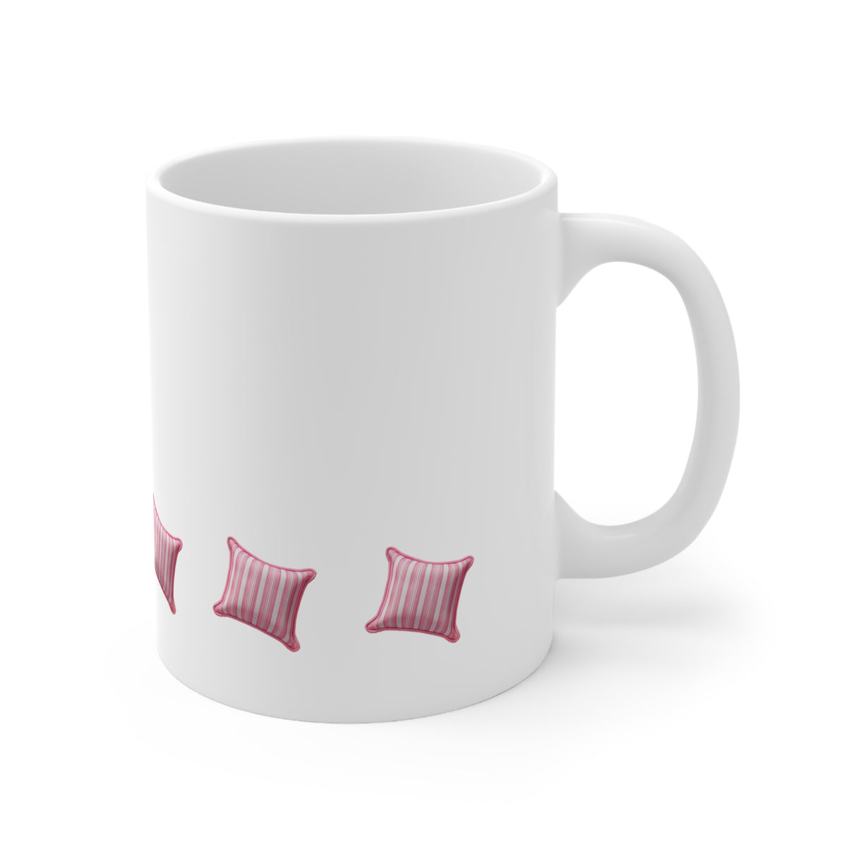 Right side view of pink and white striped cushion mug, 11oz size, showing handle
