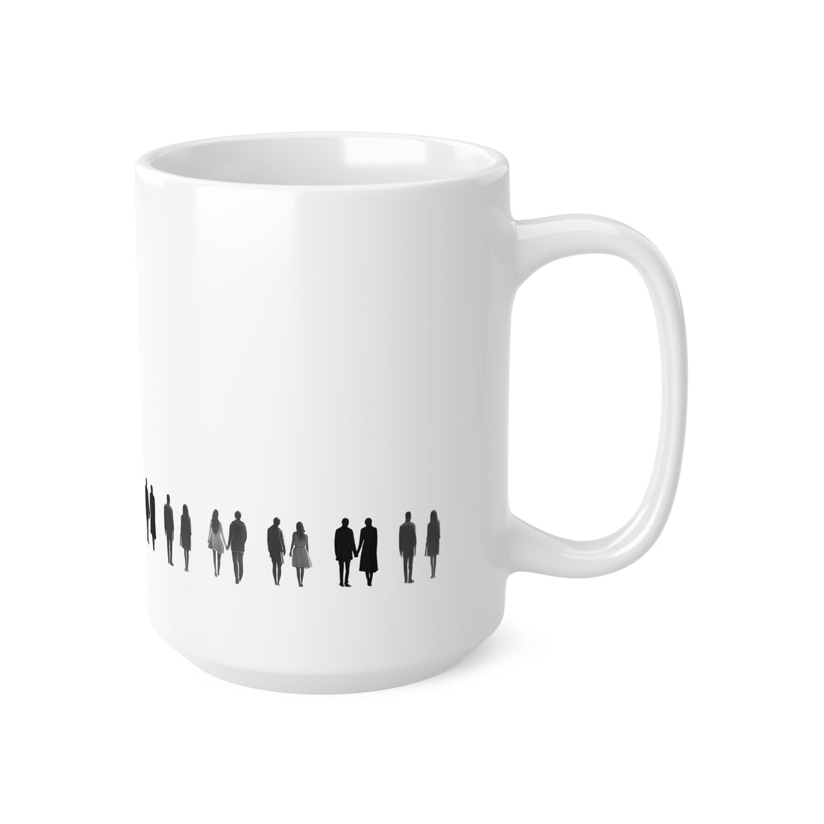 Right side view of white ceramic line art mug, 15oz size, showing handle