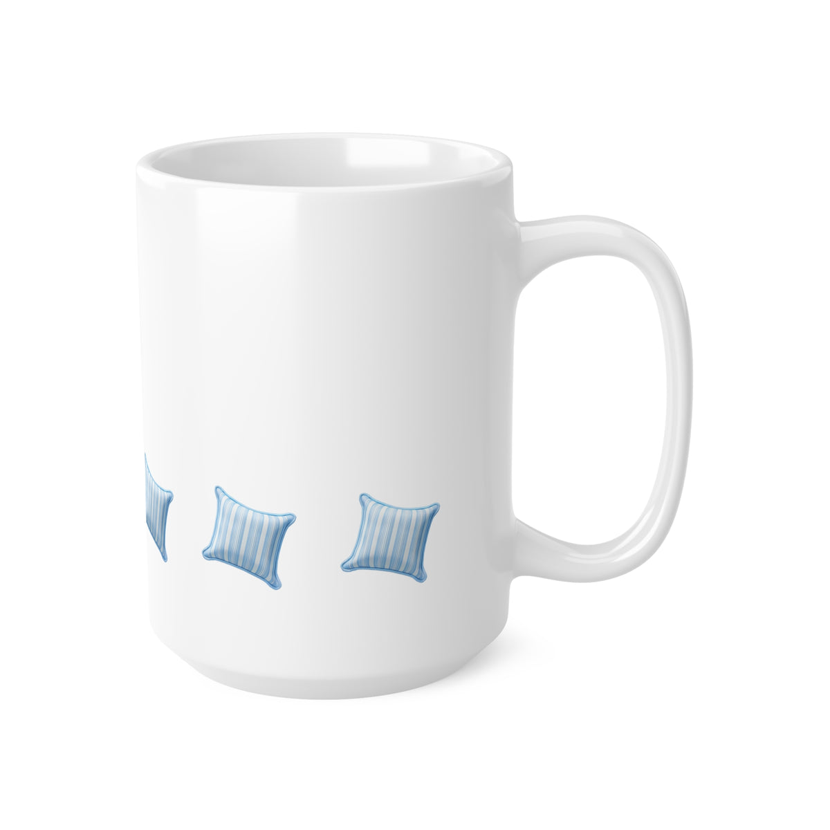 Right side view of blue and white striped throw pillow cushion mug, 15oz size, showing handle