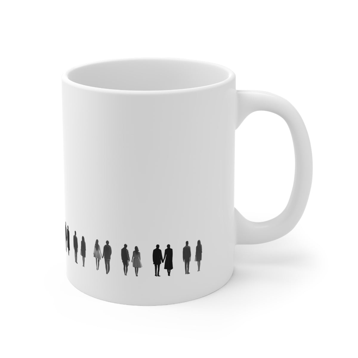 Right side view of white ceramic line art mug, 11oz size, showing handle