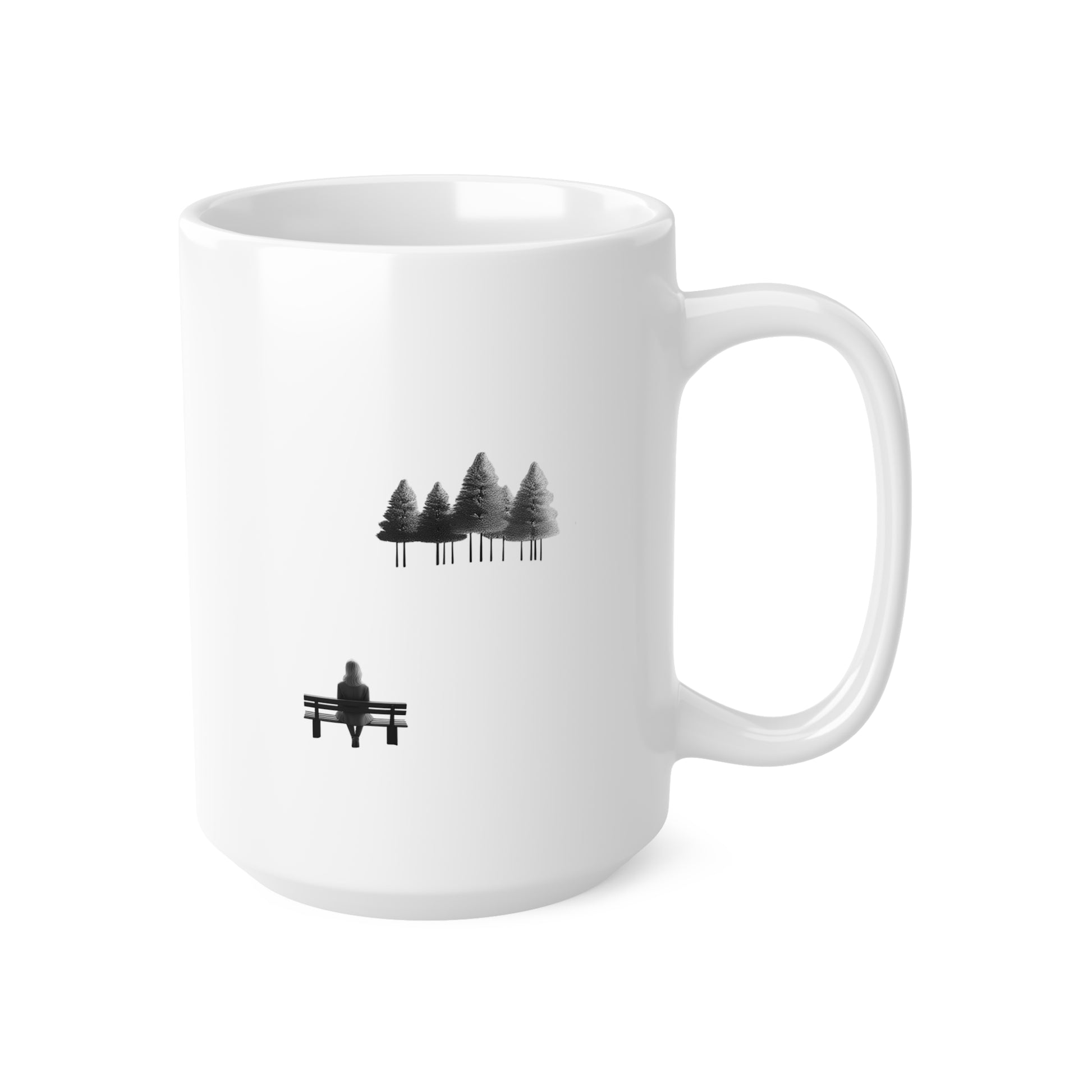 Right side view of black and white ceramic line art mug, 15oz size, showing handle