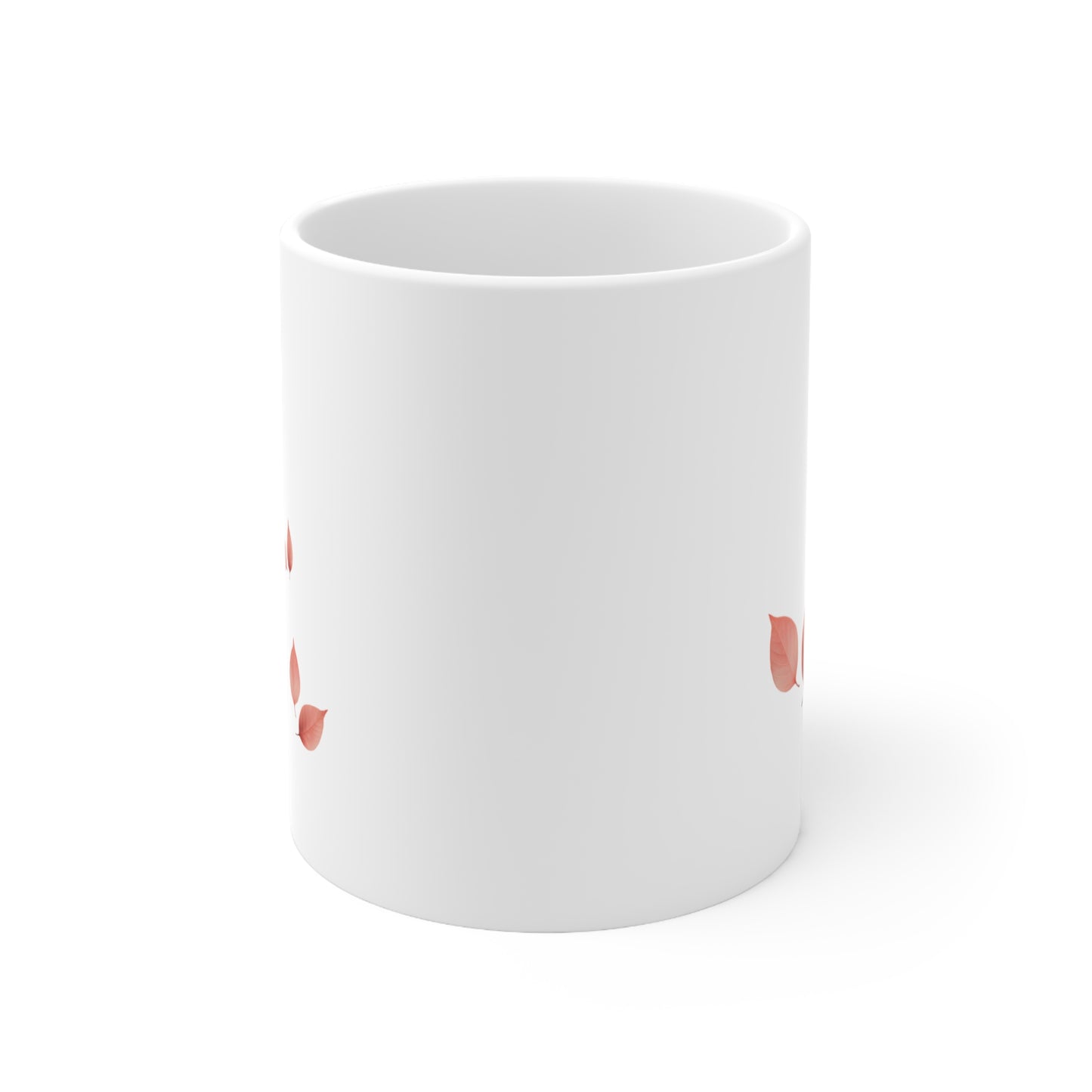 Front view of white ceramic mug with red and brown autumn leaf clusters, 11oz size
