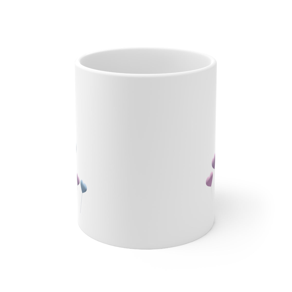Front view of white ceramic mug with pale blue and purple floating heart design, 11oz size