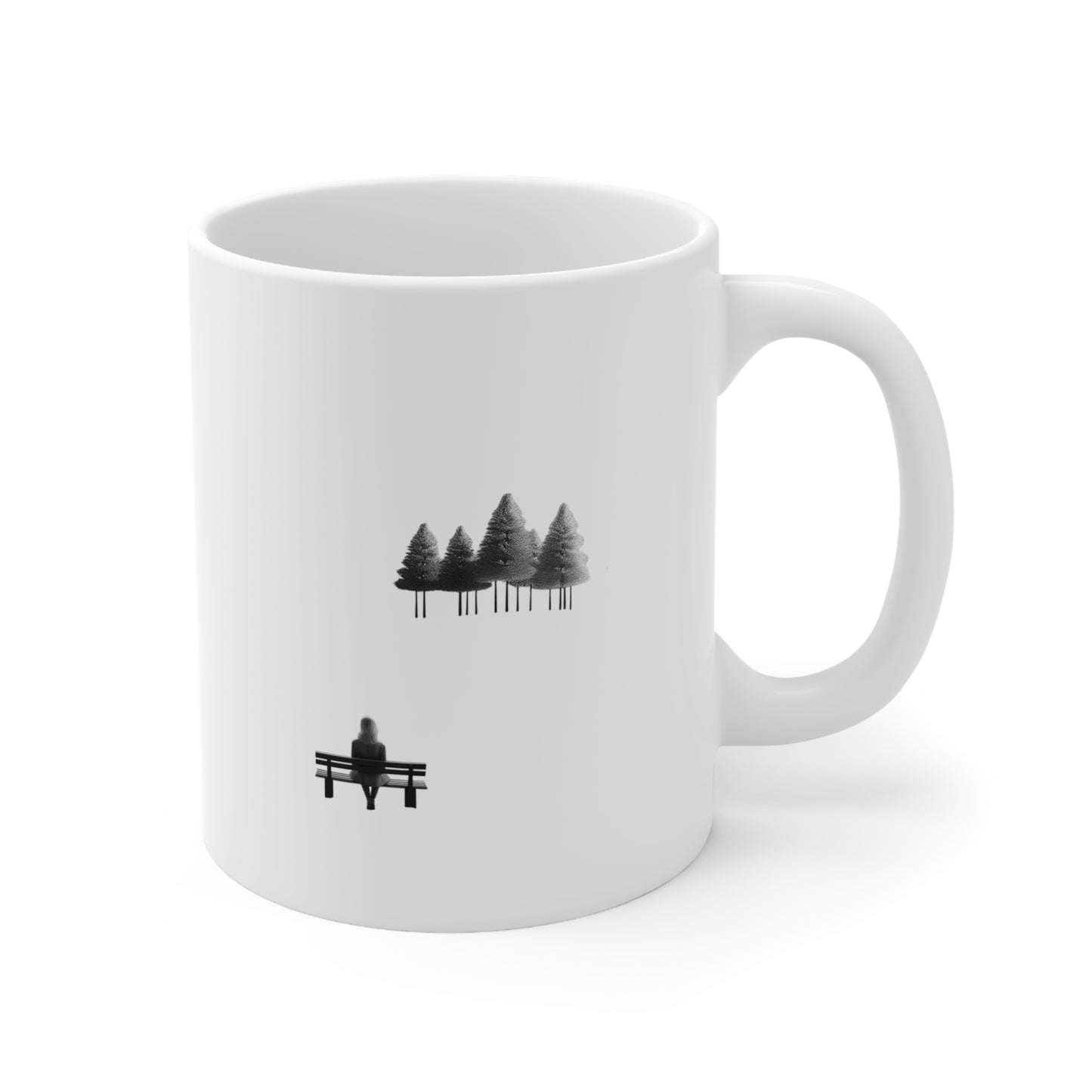 Right side view of black and white ceramic line art mug, 11oz size, showing handle