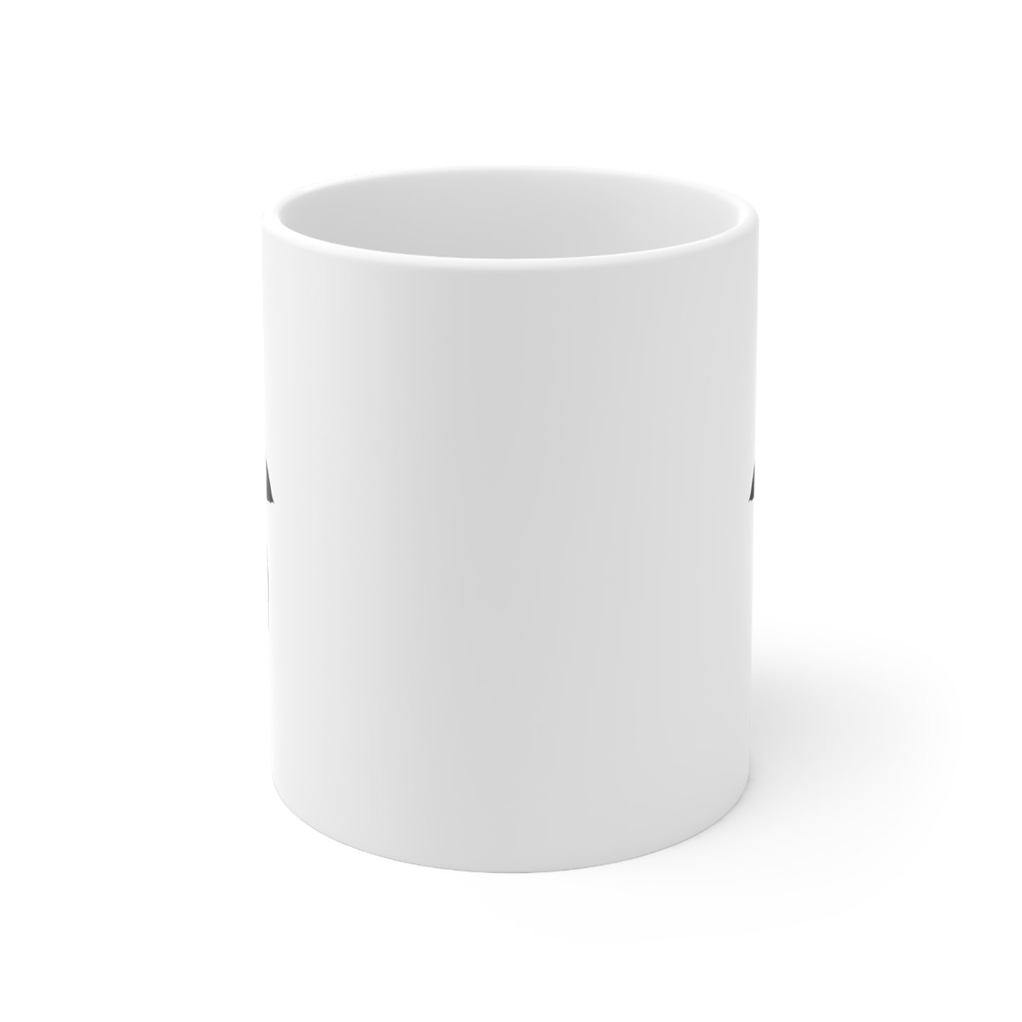 Front view of white ceramic mug with black line art friendship umbrella illustration, 11oz size